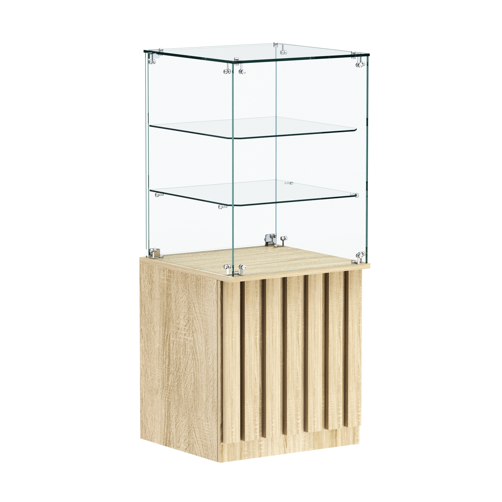 Торговый прилавок квадратный с планками и двумя стеклянными полками серии ПРИЛИВ №42 Дуб сонома