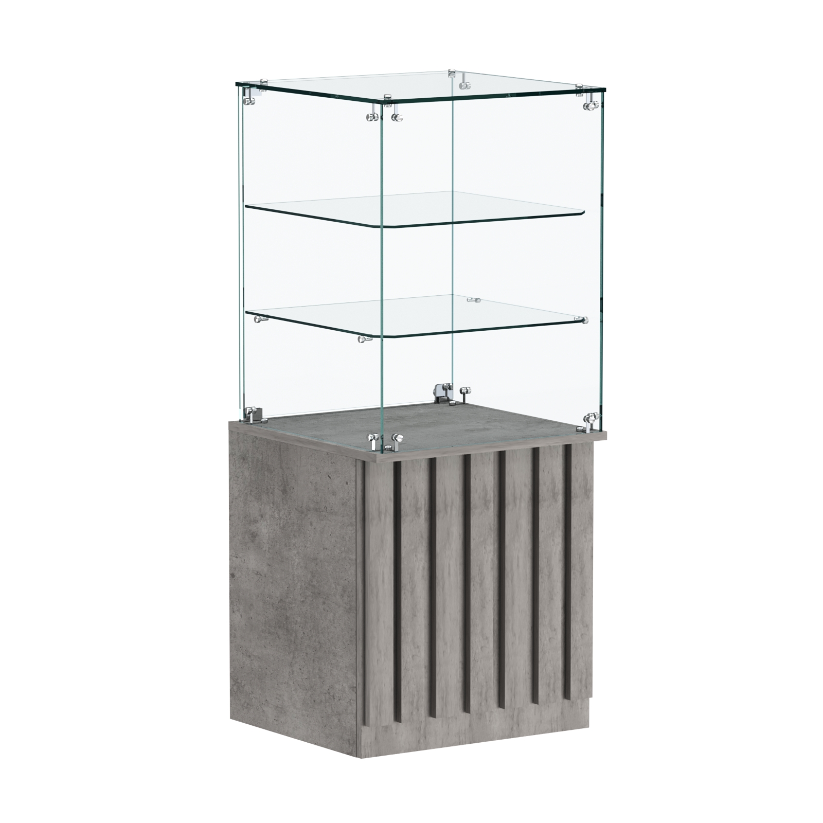 Торговый прилавок квадратный с планками и двумя стеклянными полками серии ПРИЛИВ №42 Бетон Чикаго светло-серый F186 ST9