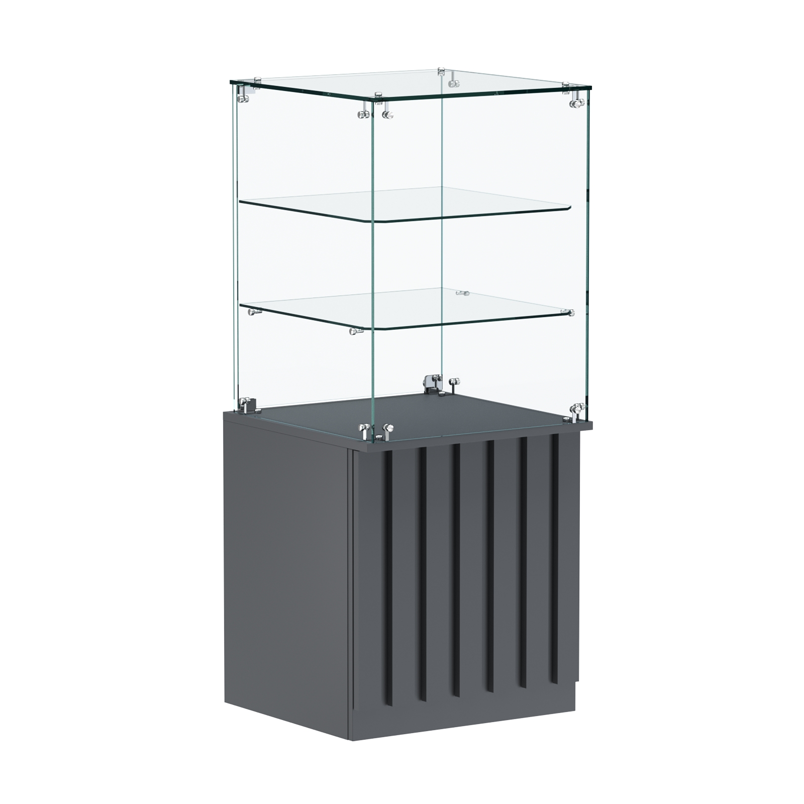 Торговый прилавок квадратный с планками и двумя стеклянными полками серии ПРИЛИВ №42 Темно-Серый