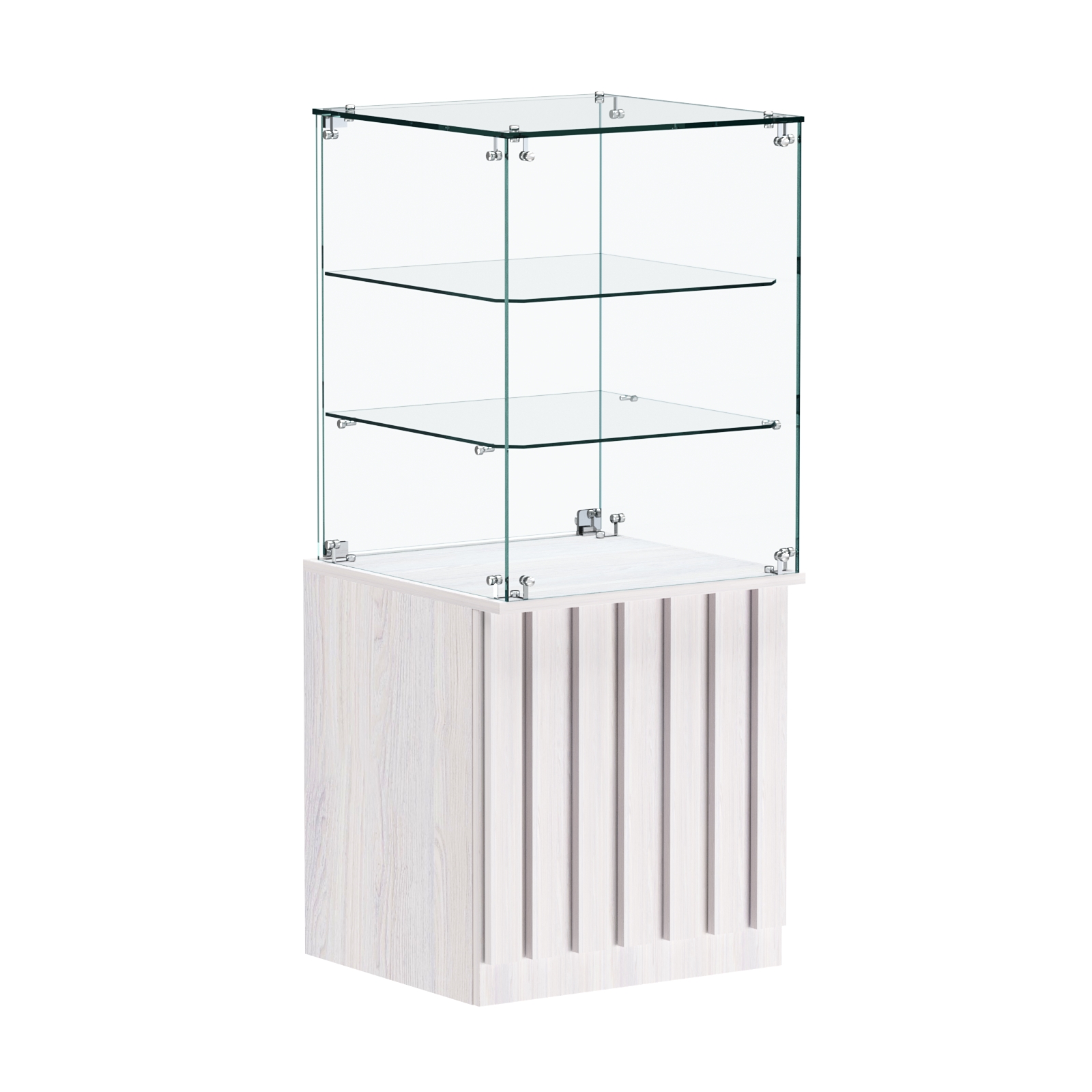 Торговый прилавок квадратный с планками и двумя стеклянными полками серии ПРИЛИВ №42 Ясень Анкор светлый