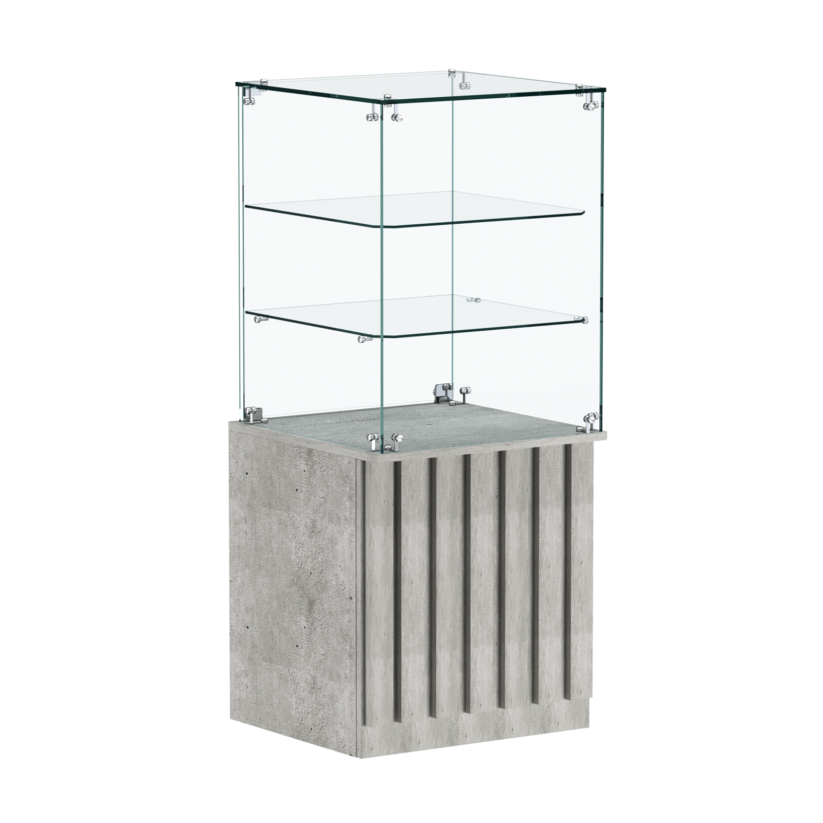 Торговый прилавок квадратный с планками и двумя стеклянными полками серии ПРИЛИВ №42 Метрополитан Грей