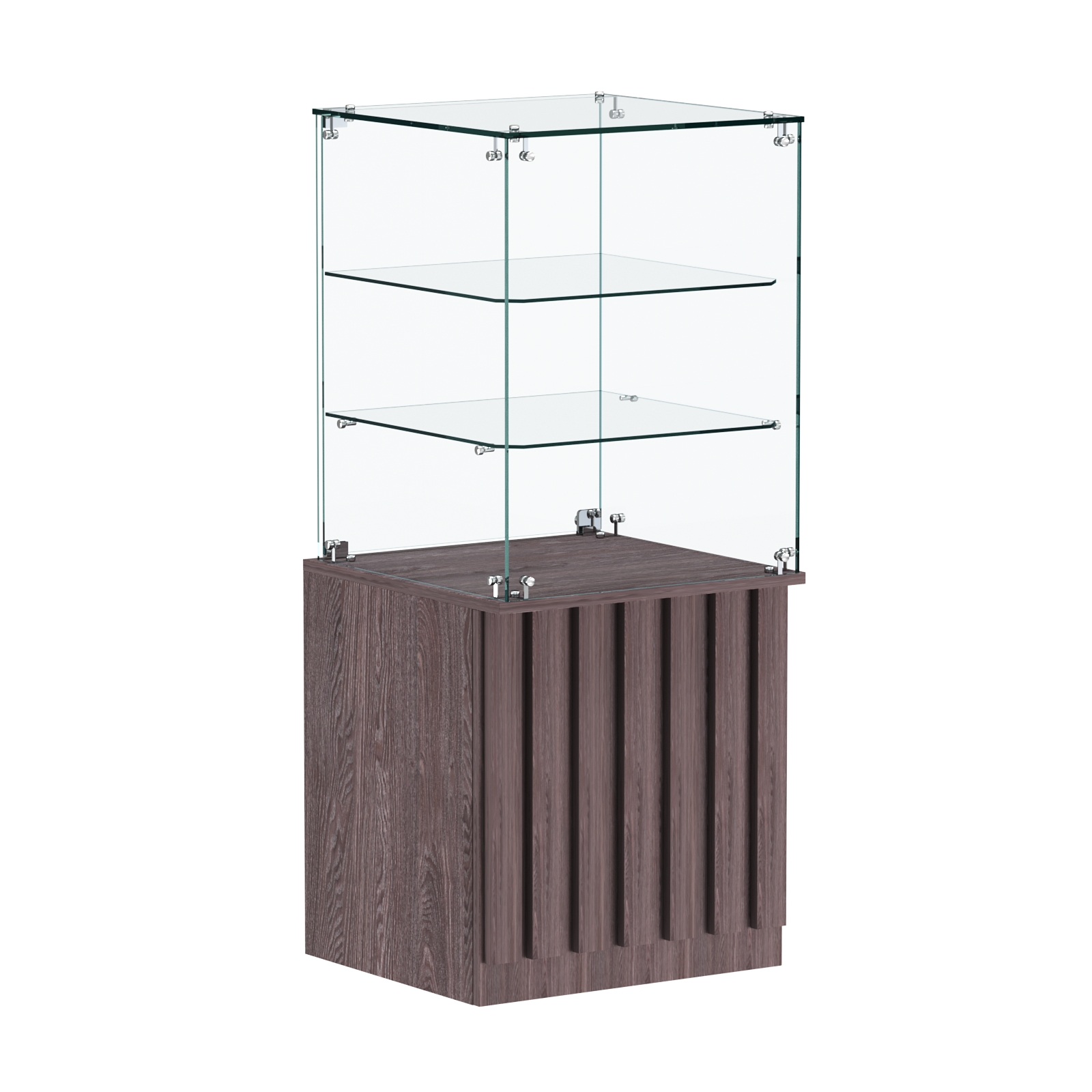 Торговый прилавок квадратный с планками и двумя стеклянными полками серии ПРИЛИВ №42 Ясень Анкор темный