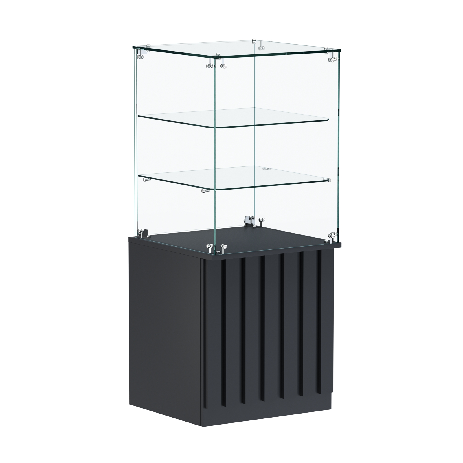Торговый прилавок квадратный с планками и двумя стеклянными полками серии ПРИЛИВ №42 Антрацит