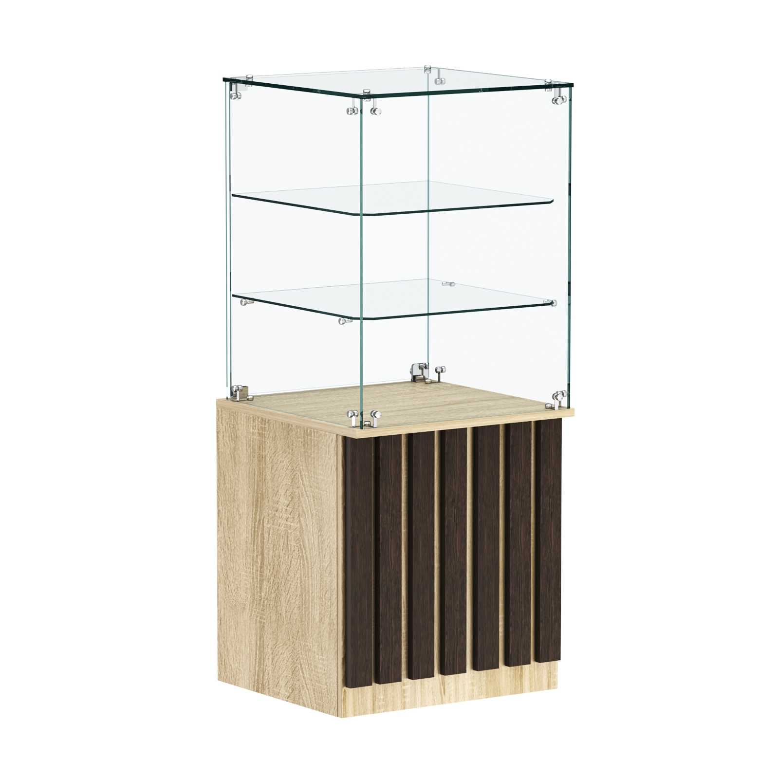 Торговый прилавок квадратный с планками и двумя стеклянными полками серии ПРИЛИВ №42 Дуб Сонома + Дуб Венге