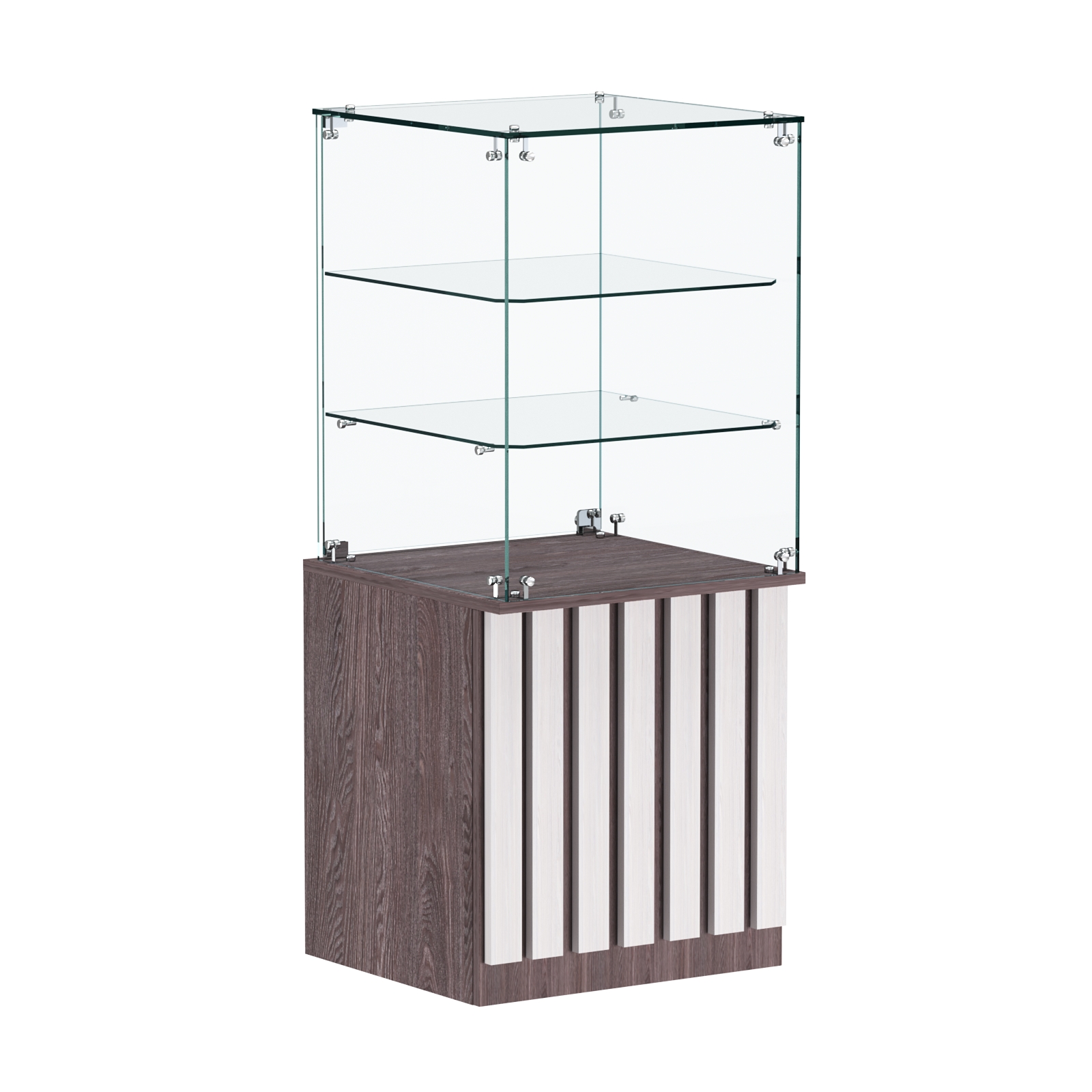 Торговый прилавок квадратный с планками и двумя стеклянными полками серии ПРИЛИВ №42 Ясень Анкор темный + Ясень Анкор светлый