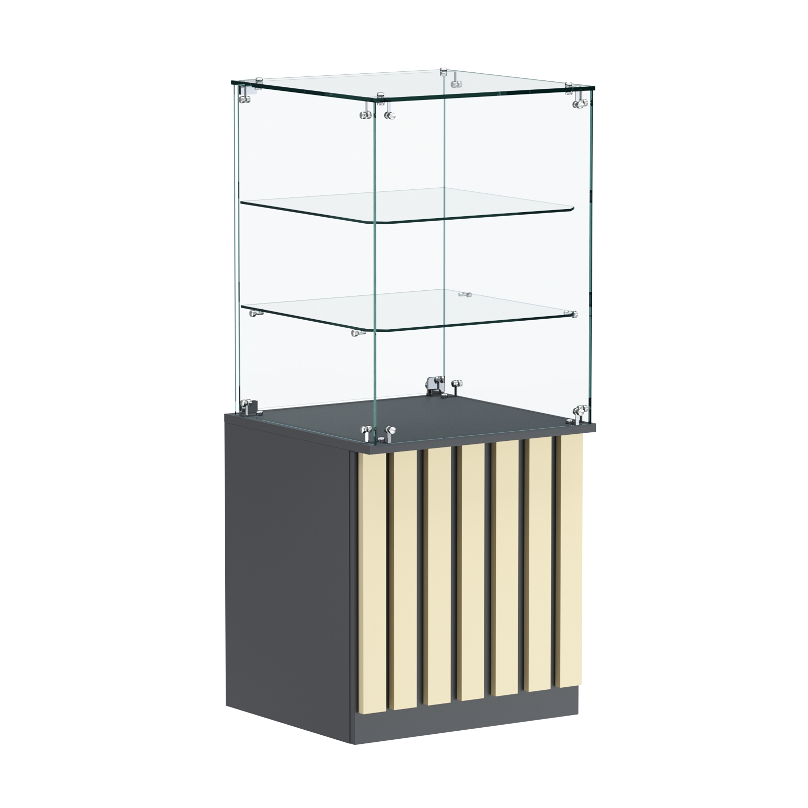 Торговый прилавок квадратный с планками и двумя стеклянными полками серии ПРИЛИВ №42 Темно-серый + Крем Вайс