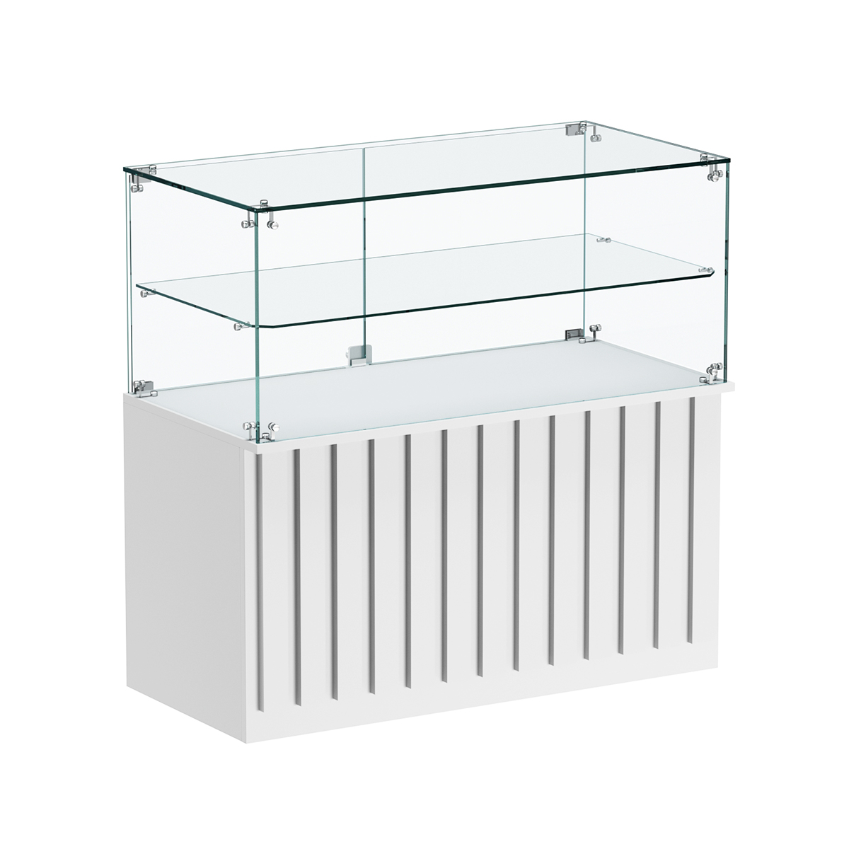 Торговый прилавок прямоугольный с планками и стеклянной полкой серии ПРИЛИВ №31 Белый