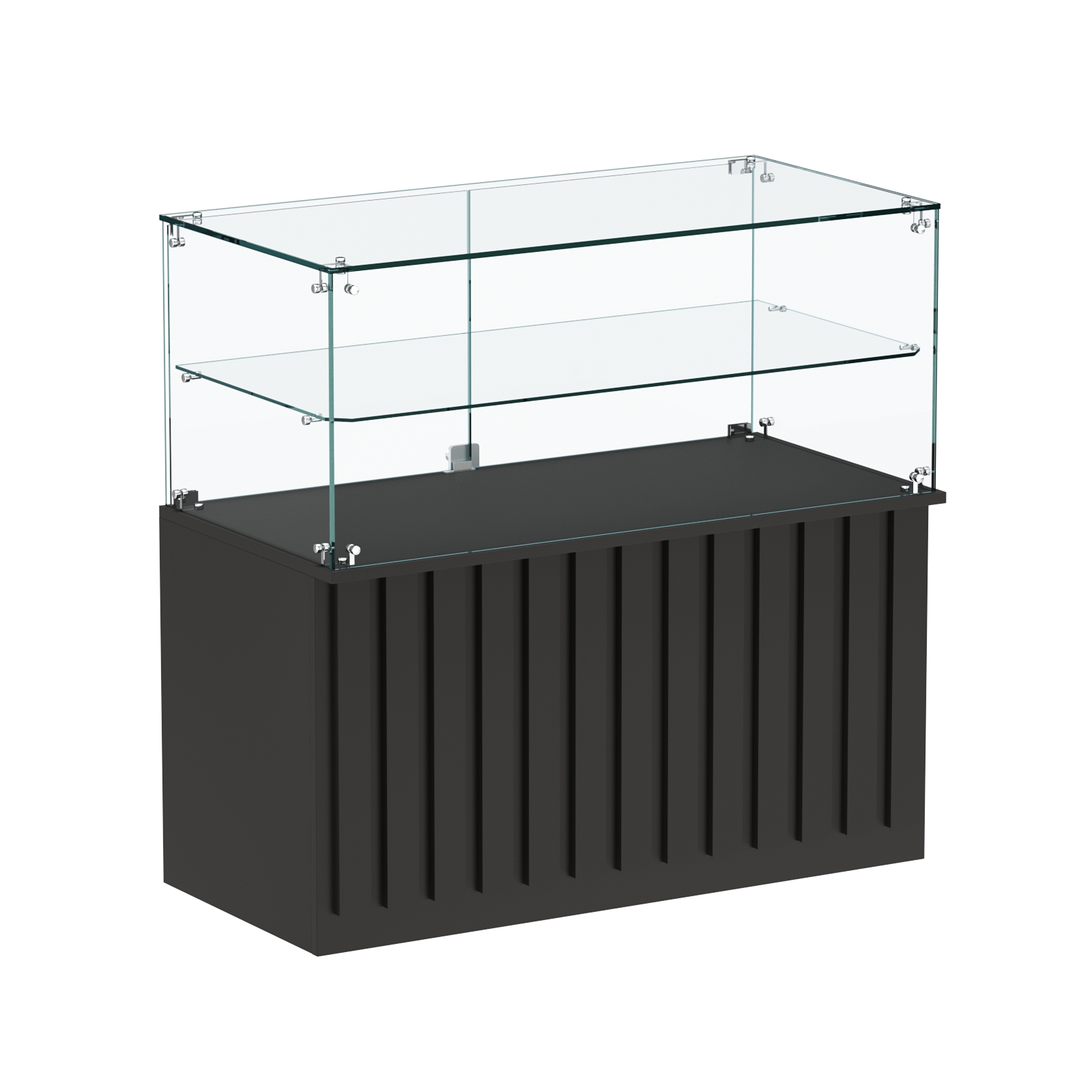 Торговый прилавок прямоугольный с планками и стеклянной полкой серии ПРИЛИВ №31 Черный