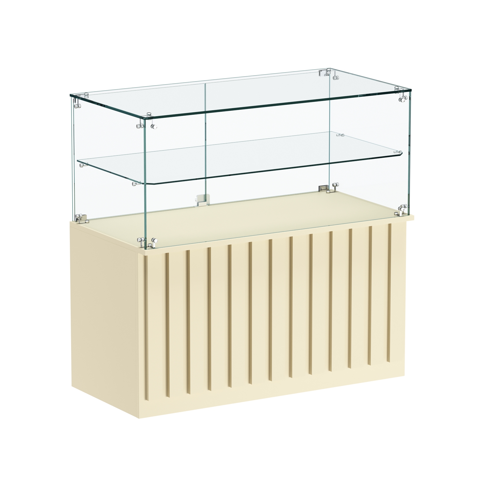 Торговый прилавок прямоугольный с планками и стеклянной полкой серии ПРИЛИВ №31 Крем Вайс