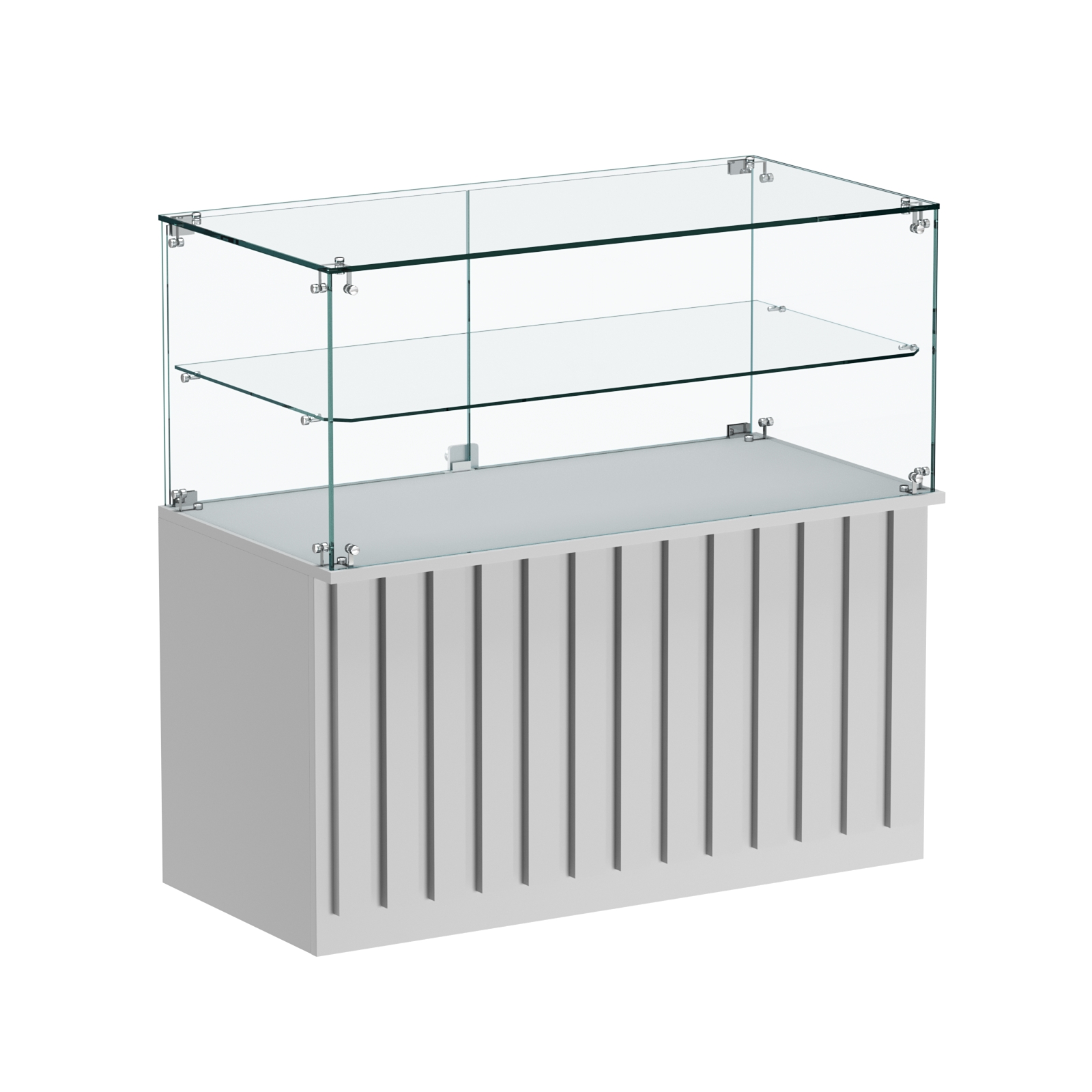 Торговый прилавок прямоугольный с планками и стеклянной полкой серии ПРИЛИВ №31 Серый