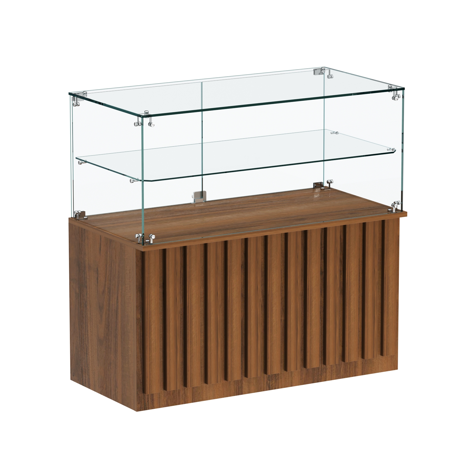 Торговый прилавок прямоугольный с планками и стеклянной полкой серии ПРИЛИВ №31 Орех