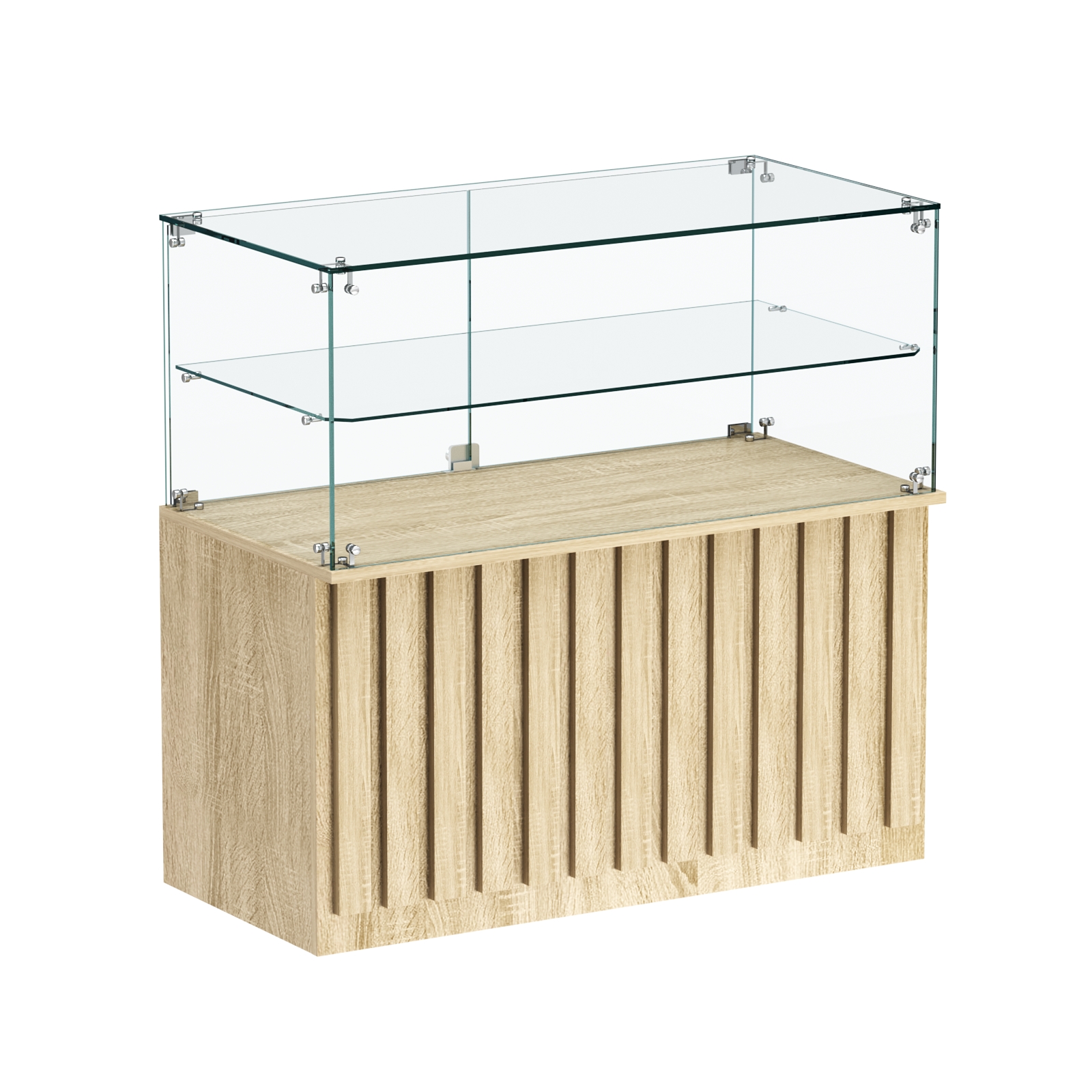 Торговый прилавок прямоугольный с планками и стеклянной полкой серии ПРИЛИВ №31 Дуб сонома