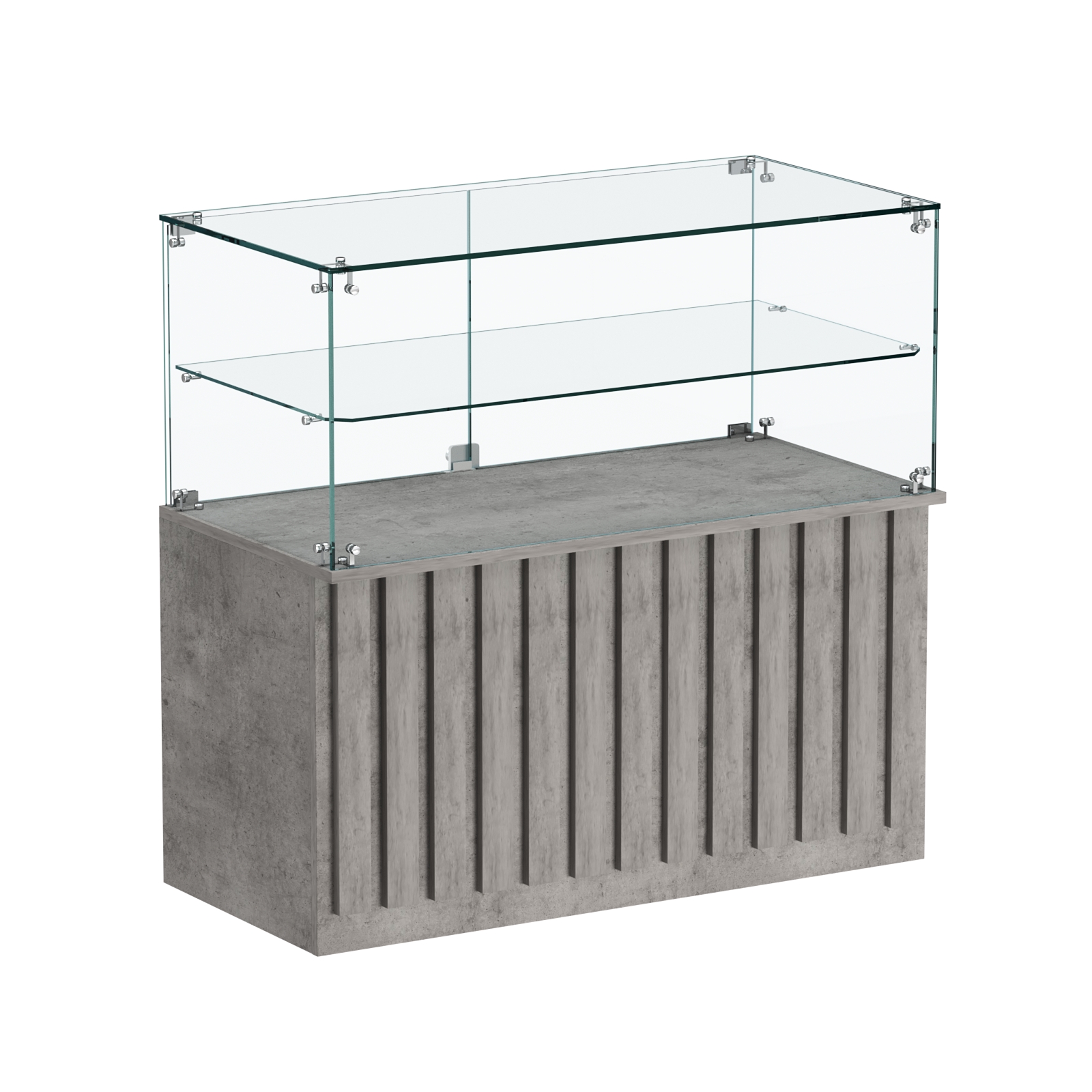 Торговый прилавок прямоугольный с планками и стеклянной полкой серии ПРИЛИВ №31 Бетон Чикаго светло-серый F186 ST9