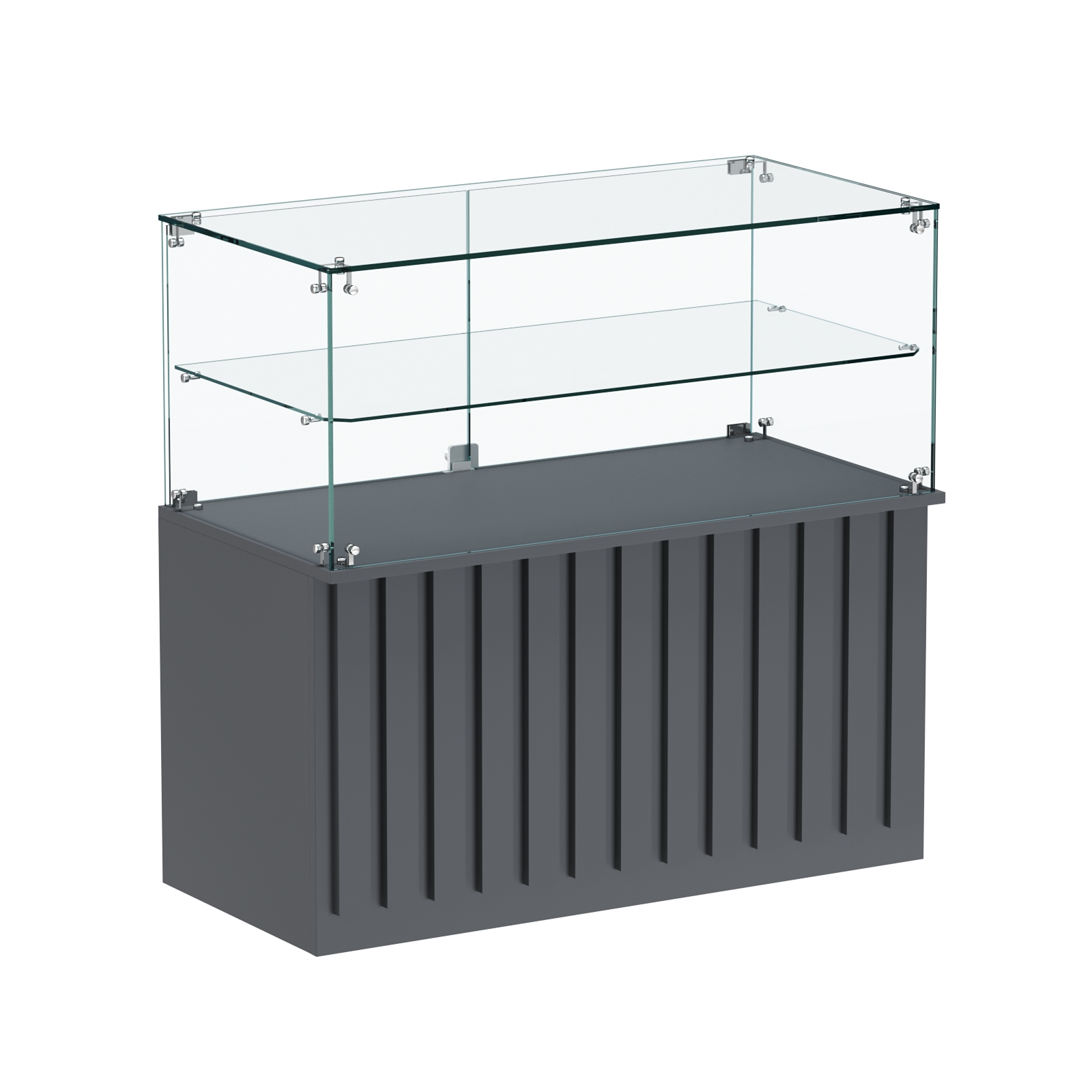 Торговый прилавок прямоугольный с планками и стеклянной полкой серии ПРИЛИВ №31 Темно-Серый