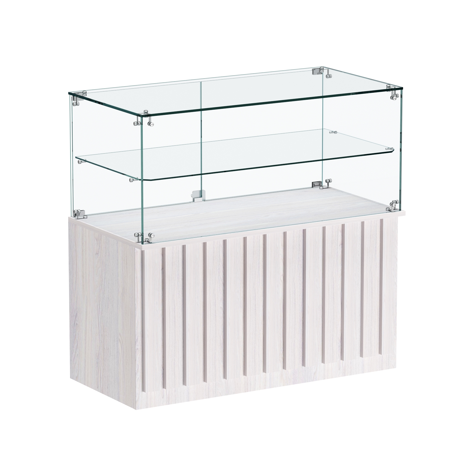 Торговый прилавок прямоугольный с планками и стеклянной полкой серии ПРИЛИВ №31 Ясень Анкор светлый