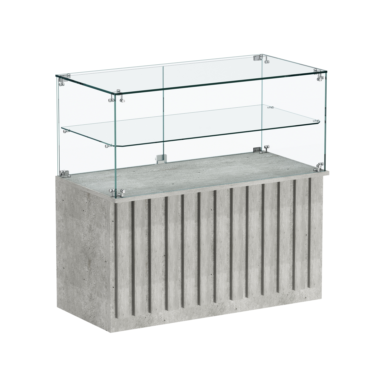 Торговый прилавок прямоугольный с планками и стеклянной полкой серии ПРИЛИВ №31 Метрополитан Грей