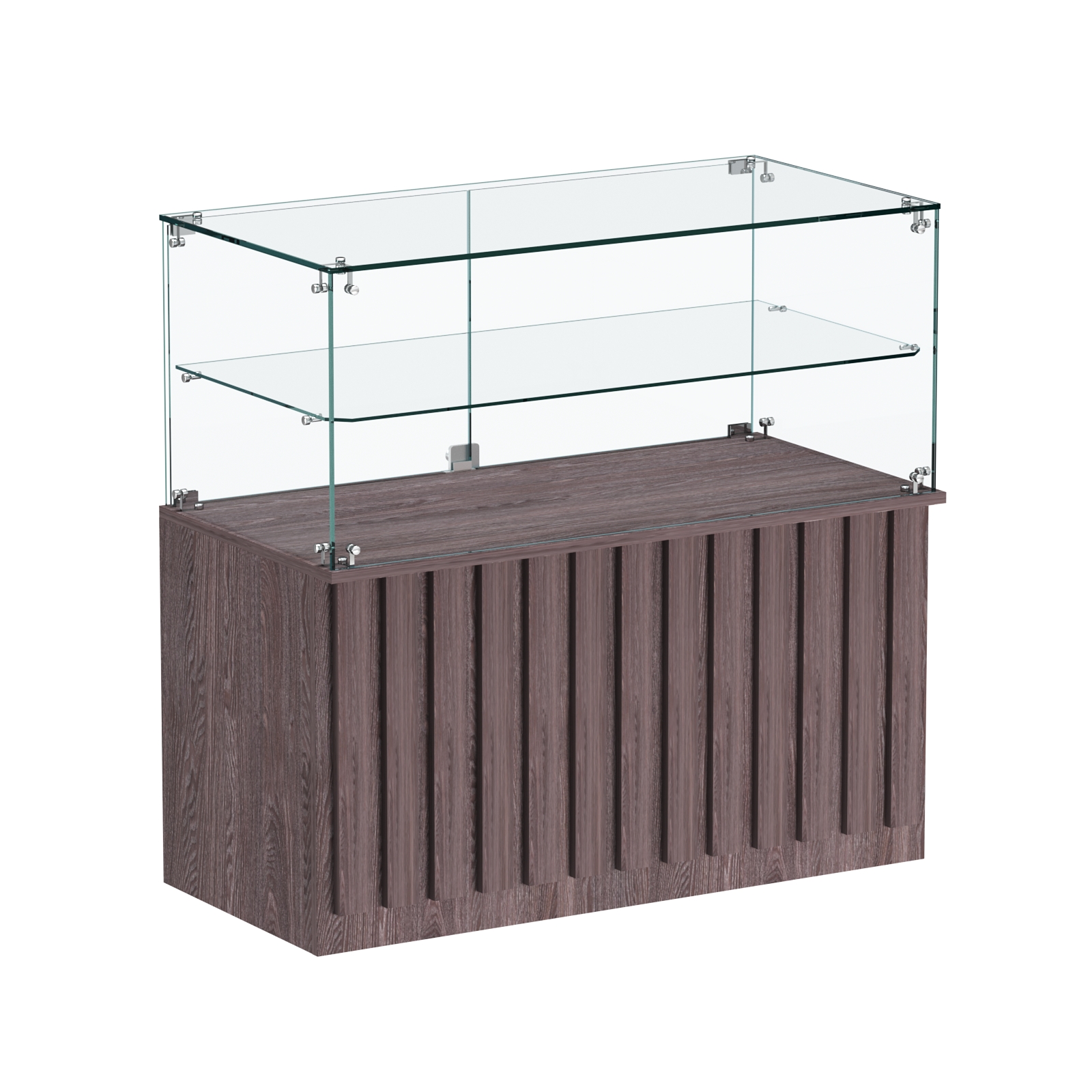 Торговый прилавок прямоугольный с планками и стеклянной полкой серии ПРИЛИВ №31 Ясень Анкор темный