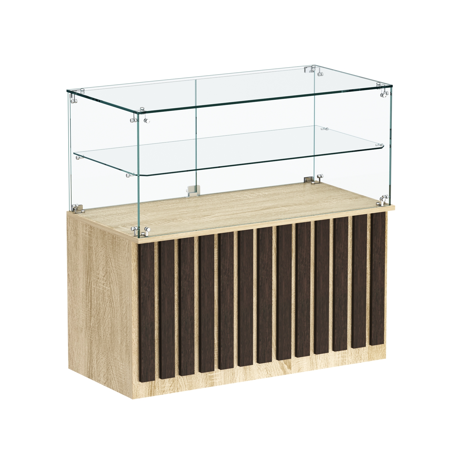 Торговый прилавок прямоугольный с планками и стеклянной полкой серии ПРИЛИВ №31 Дуб Сонома + Дуб Венге