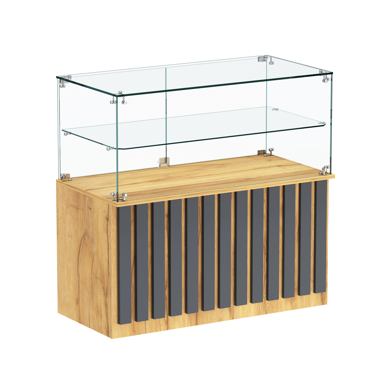 Торговый прилавок прямоугольный с планками и стеклянной полкой серии ПРИЛИВ №31 Дуб Золотистый и Темно-Серый