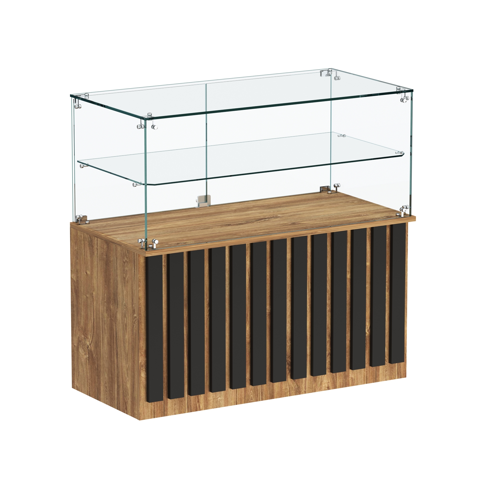 Торговый прилавок прямоугольный с планками и стеклянной полкой серии ПРИЛИВ №31 Дуб Канзас Коричнерый + черный