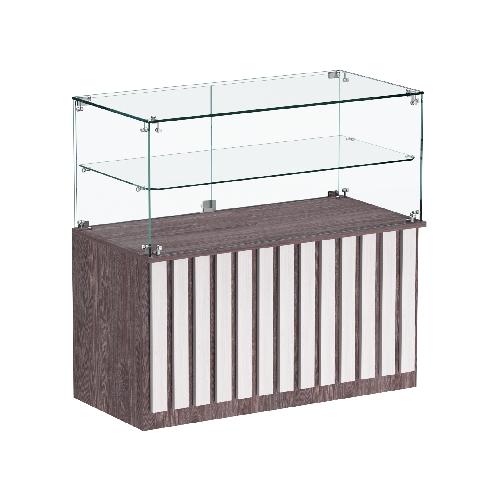 Торговый прилавок прямоугольный с планками и стеклянной полкой серии ПРИЛИВ №31 Ясень Анкор темный + Ясень Анкор светлый