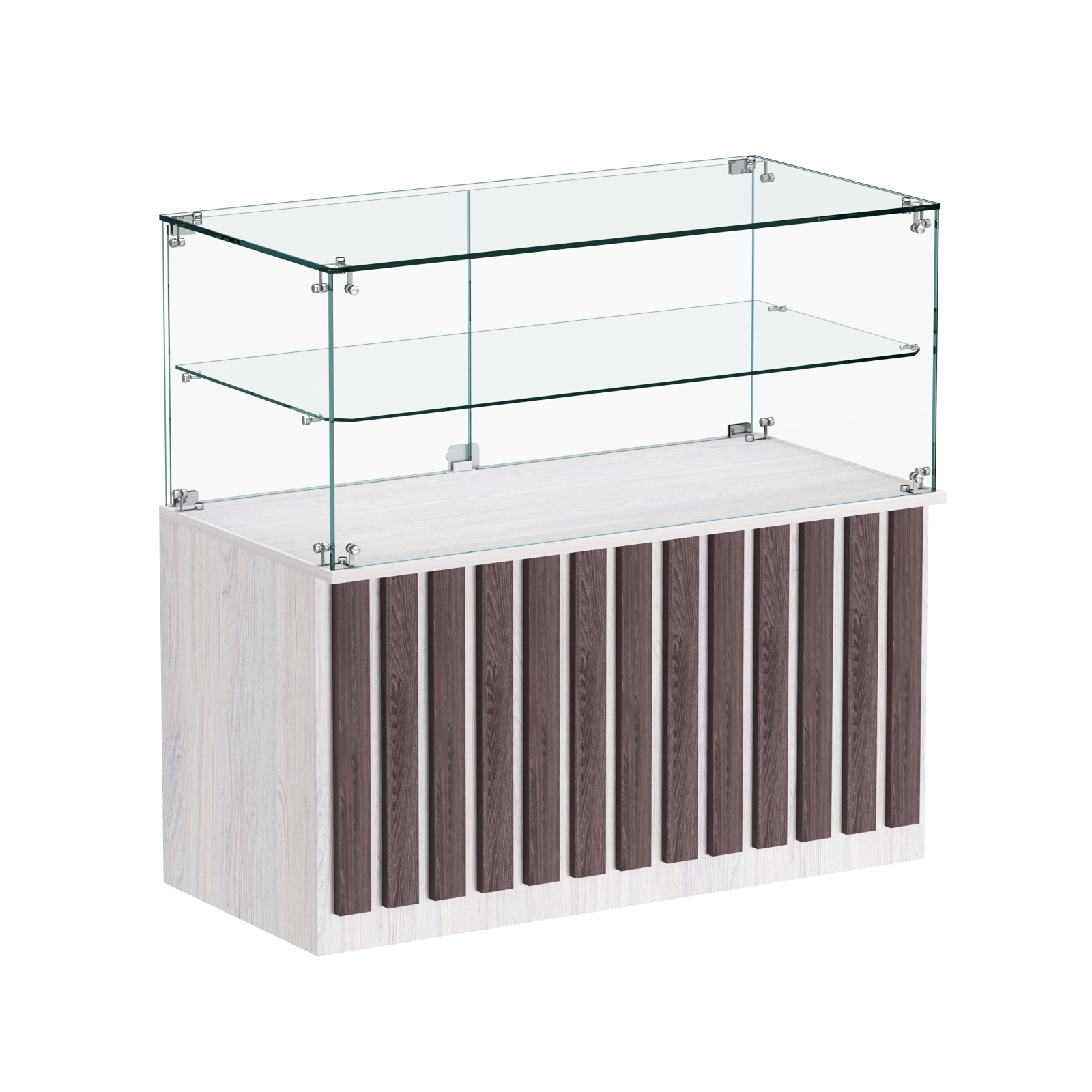 Торговый прилавок прямоугольный с планками и стеклянной полкой серии ПРИЛИВ №31 Ясень Анкор светлый + Ясень Анкор темный