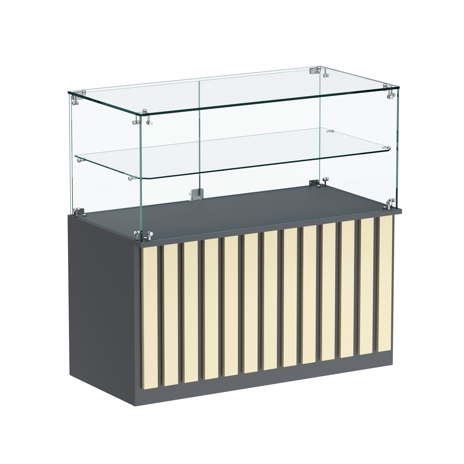 Торговый прилавок прямоугольный с планками и стеклянной полкой серии ПРИЛИВ №31 Темно-серый + Крем Вайс