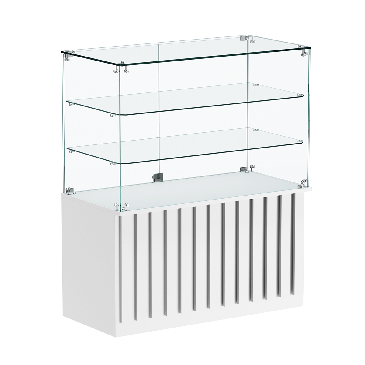 Торговый прилавок прямоугольный с планками и двумя стеклянными полками серии ПРИЛИВ №32 Белый