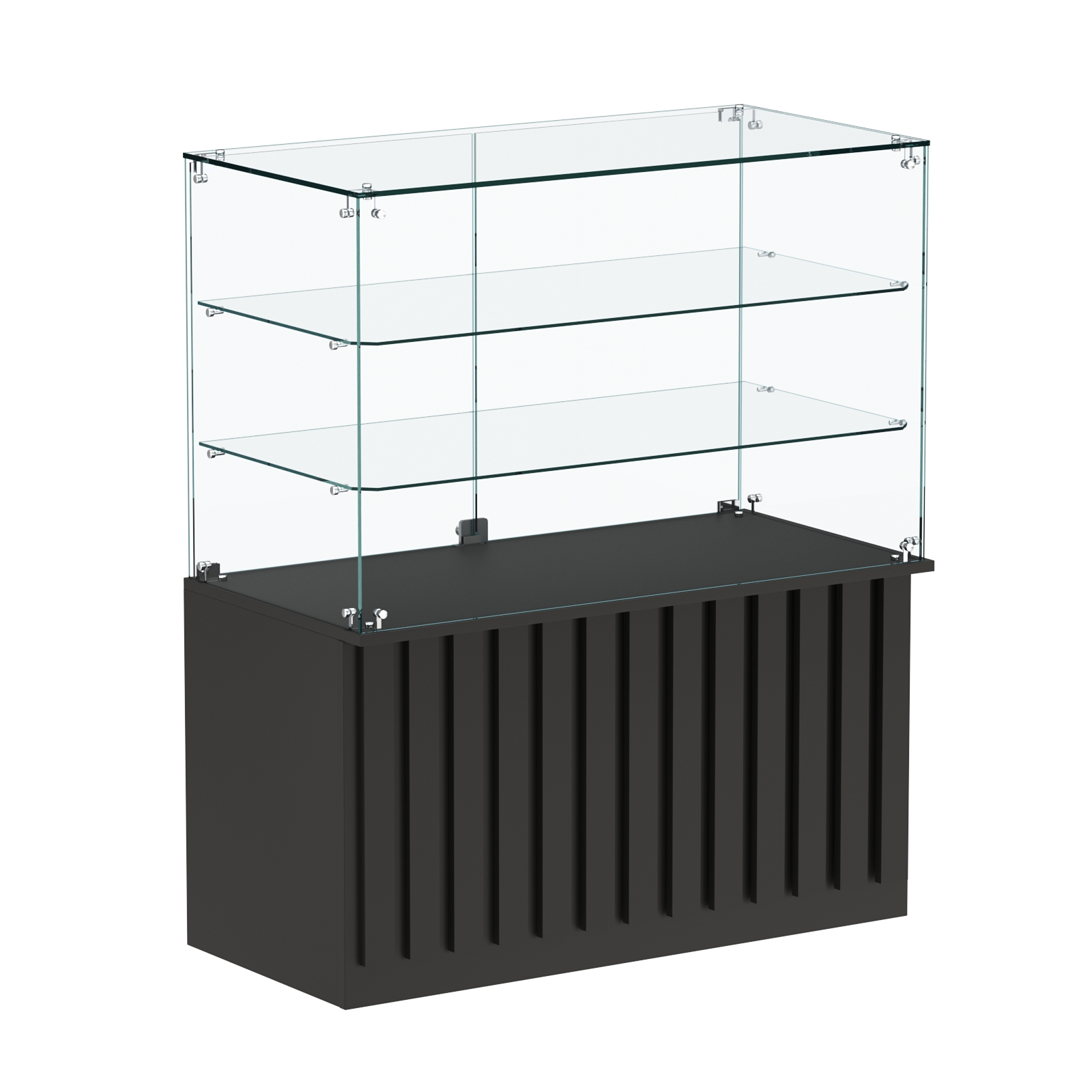 Торговый прилавок прямоугольный с планками и двумя стеклянными полками серии ПРИЛИВ №32 Черный