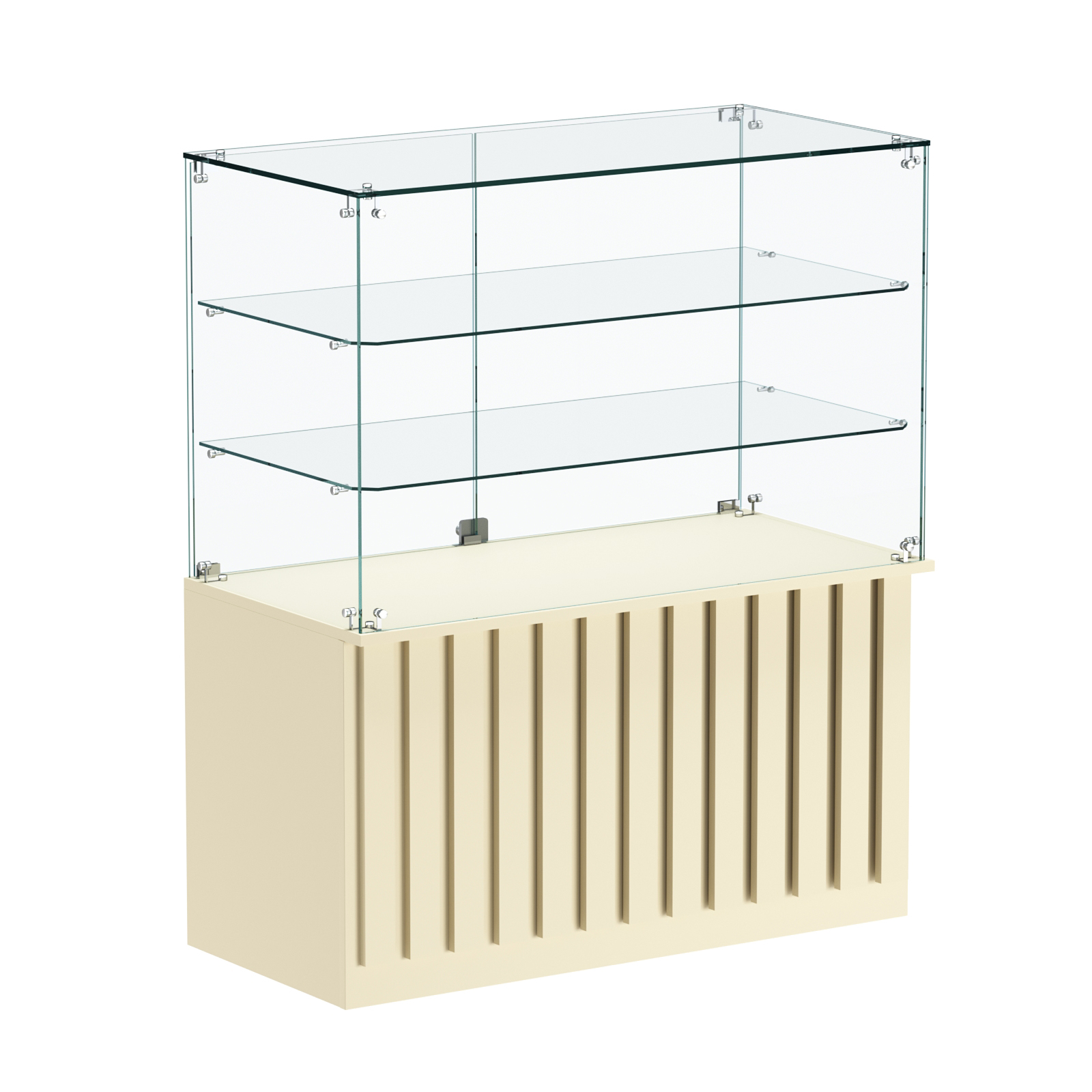 Торговый прилавок прямоугольный с планками и двумя стеклянными полками серии ПРИЛИВ №32 Крем Вайс