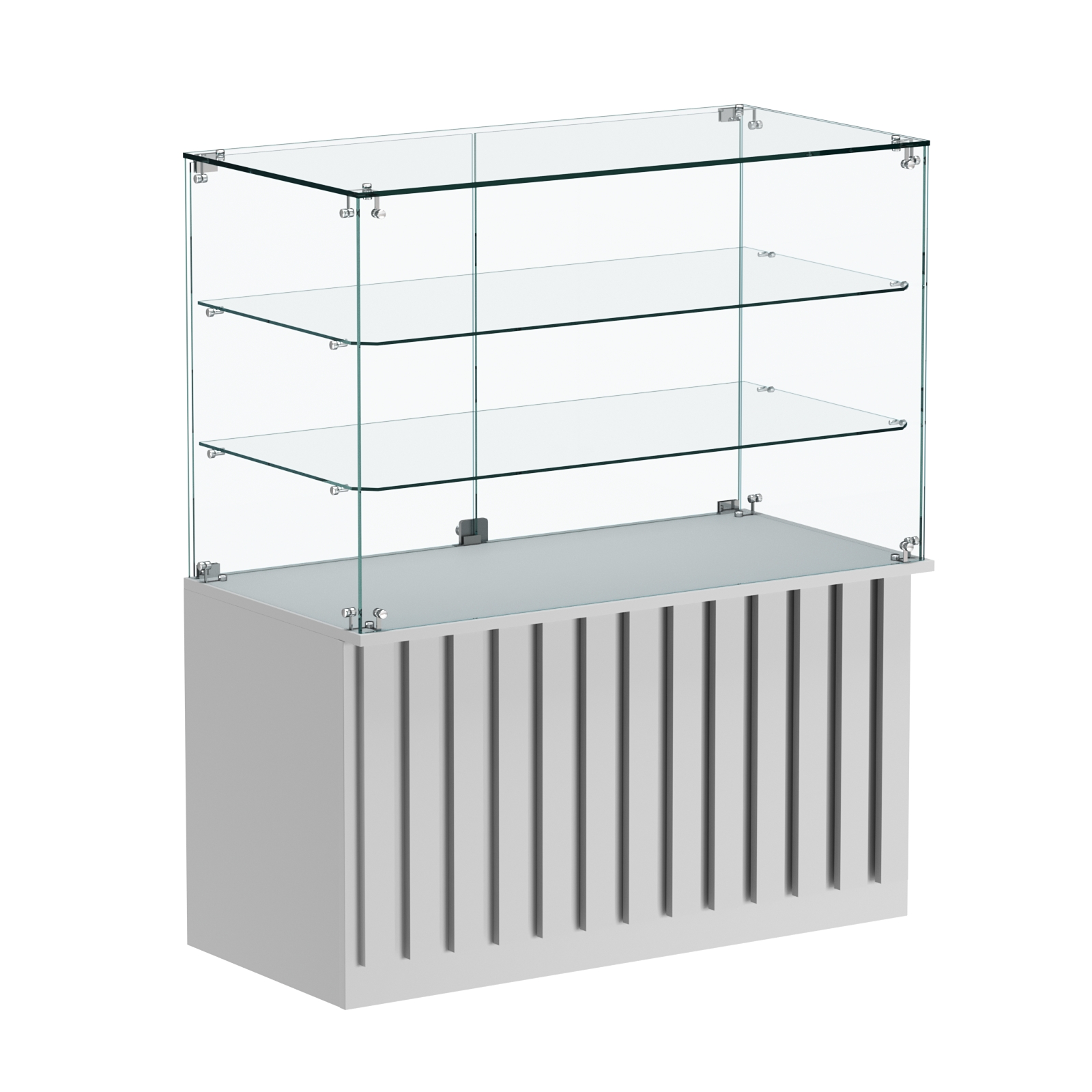 Торговый прилавок прямоугольный с планками и двумя стеклянными полками серии ПРИЛИВ №32 Серый