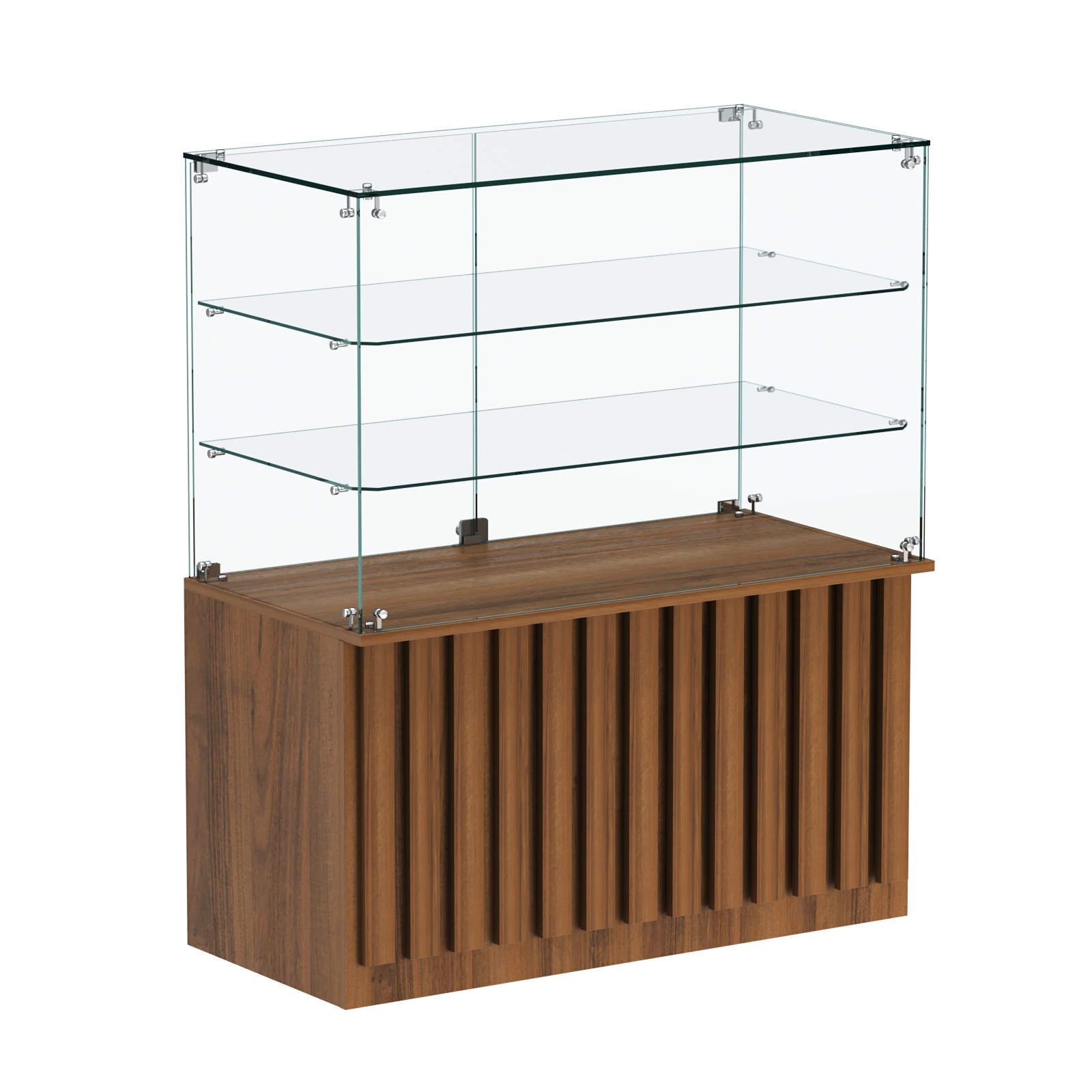 Торговый прилавок прямоугольный с планками и двумя стеклянными полками серии ПРИЛИВ №32 Орех