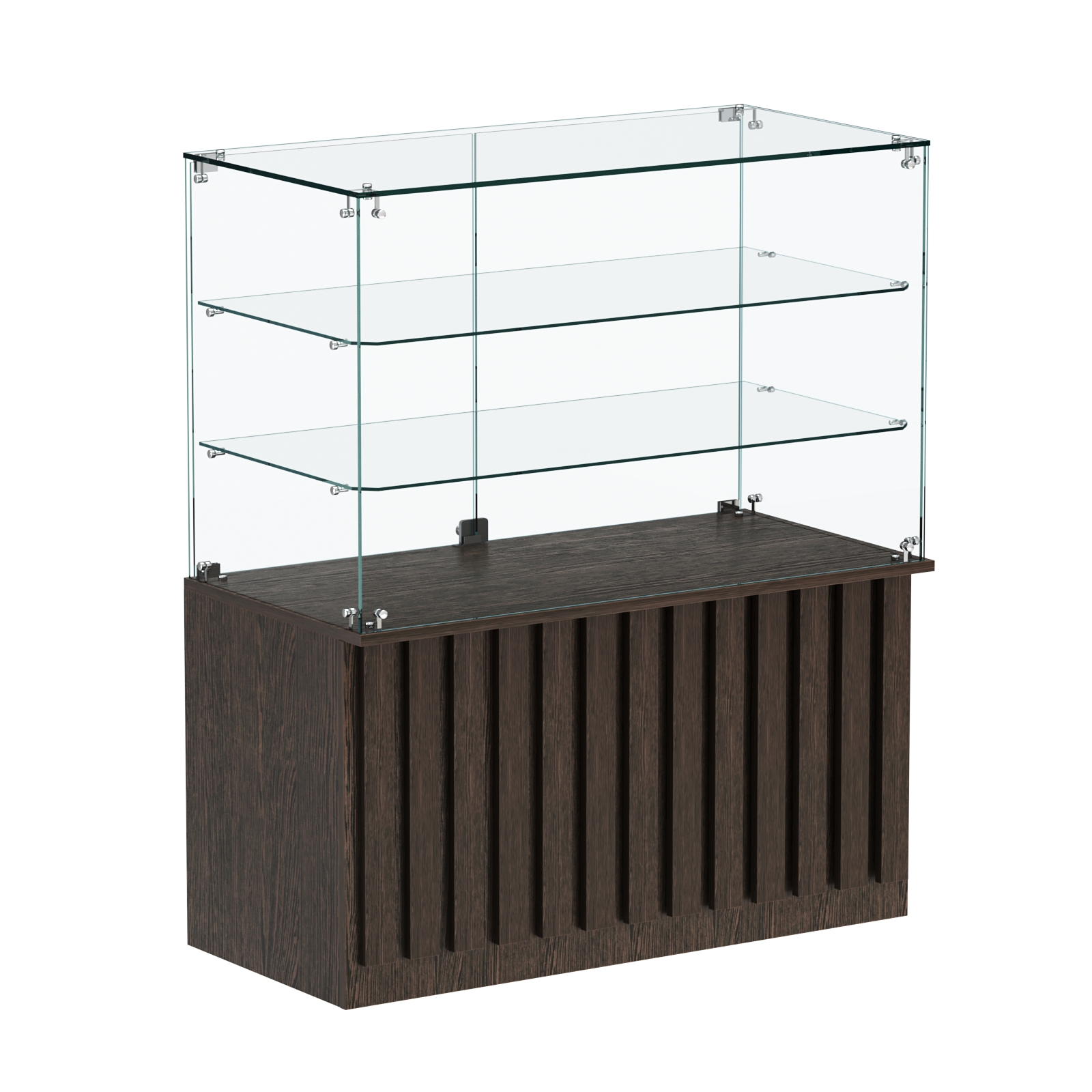 Торговый прилавок прямоугольный с планками и двумя стеклянными полками серии ПРИЛИВ №32 Дуб Венге