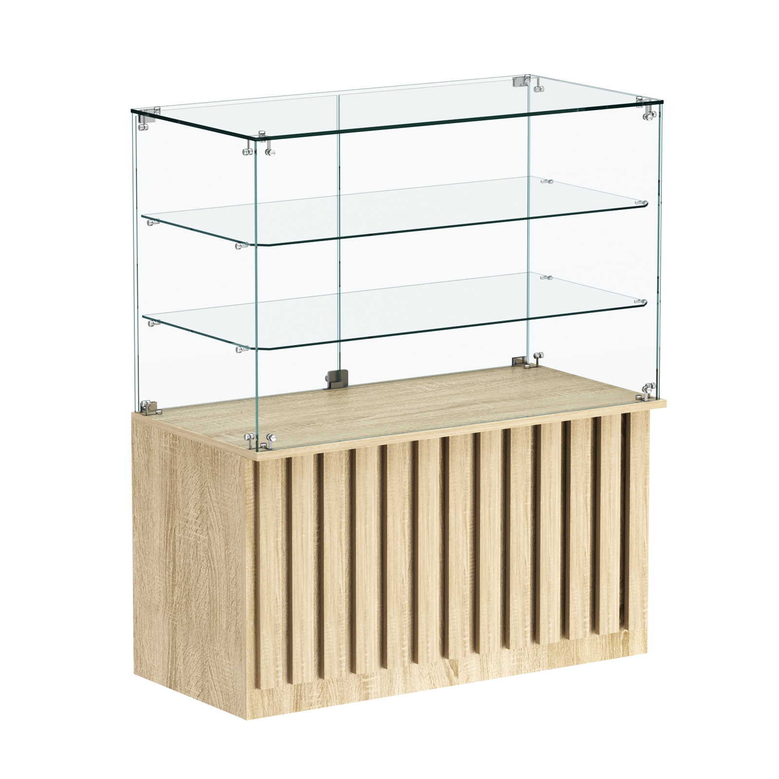 Торговый прилавок прямоугольный с планками и двумя стеклянными полками серии ПРИЛИВ №32 Дуб сонома