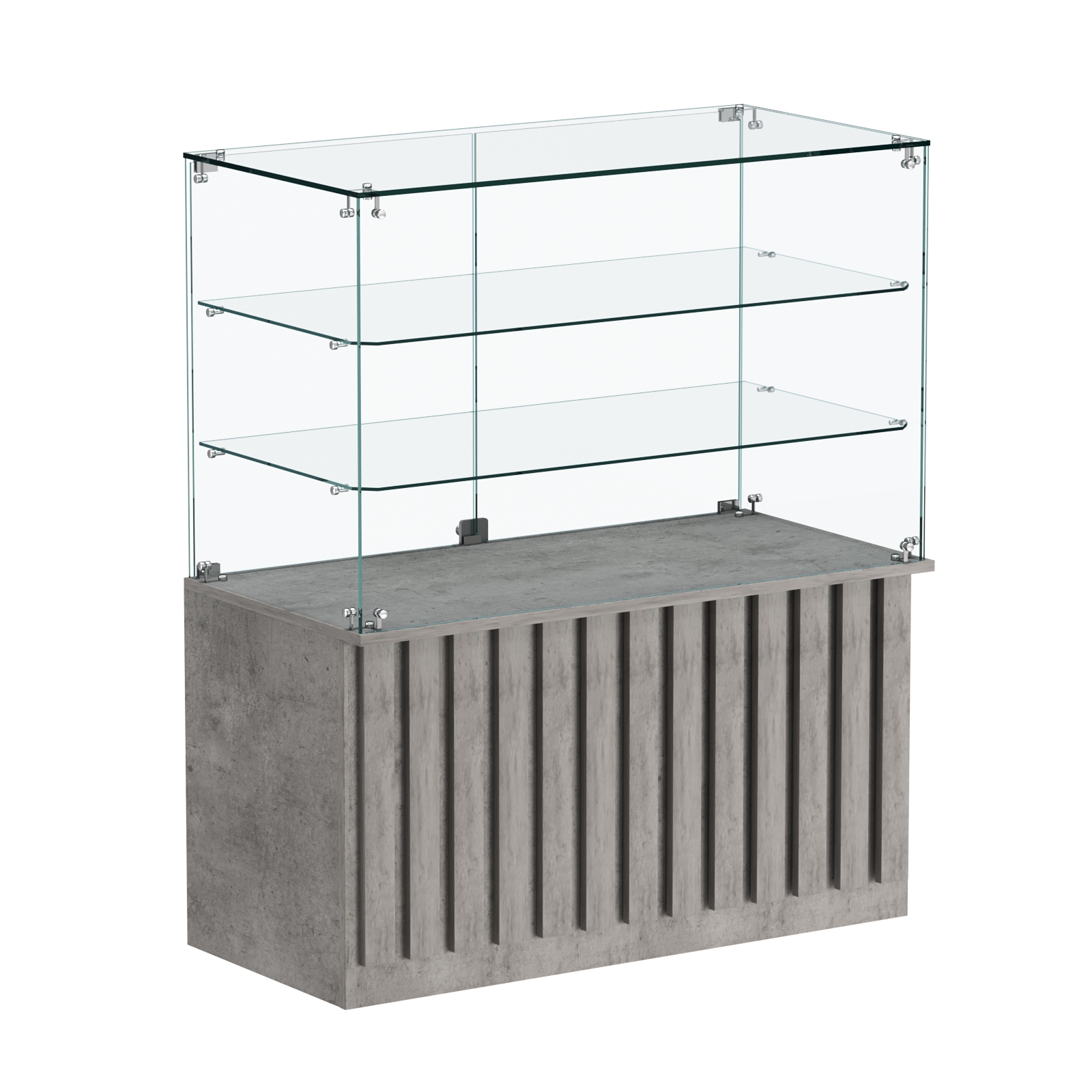 Торговый прилавок прямоугольный с планками и двумя стеклянными полками серии ПРИЛИВ №32 Бетон Чикаго светло-серый F186 ST9