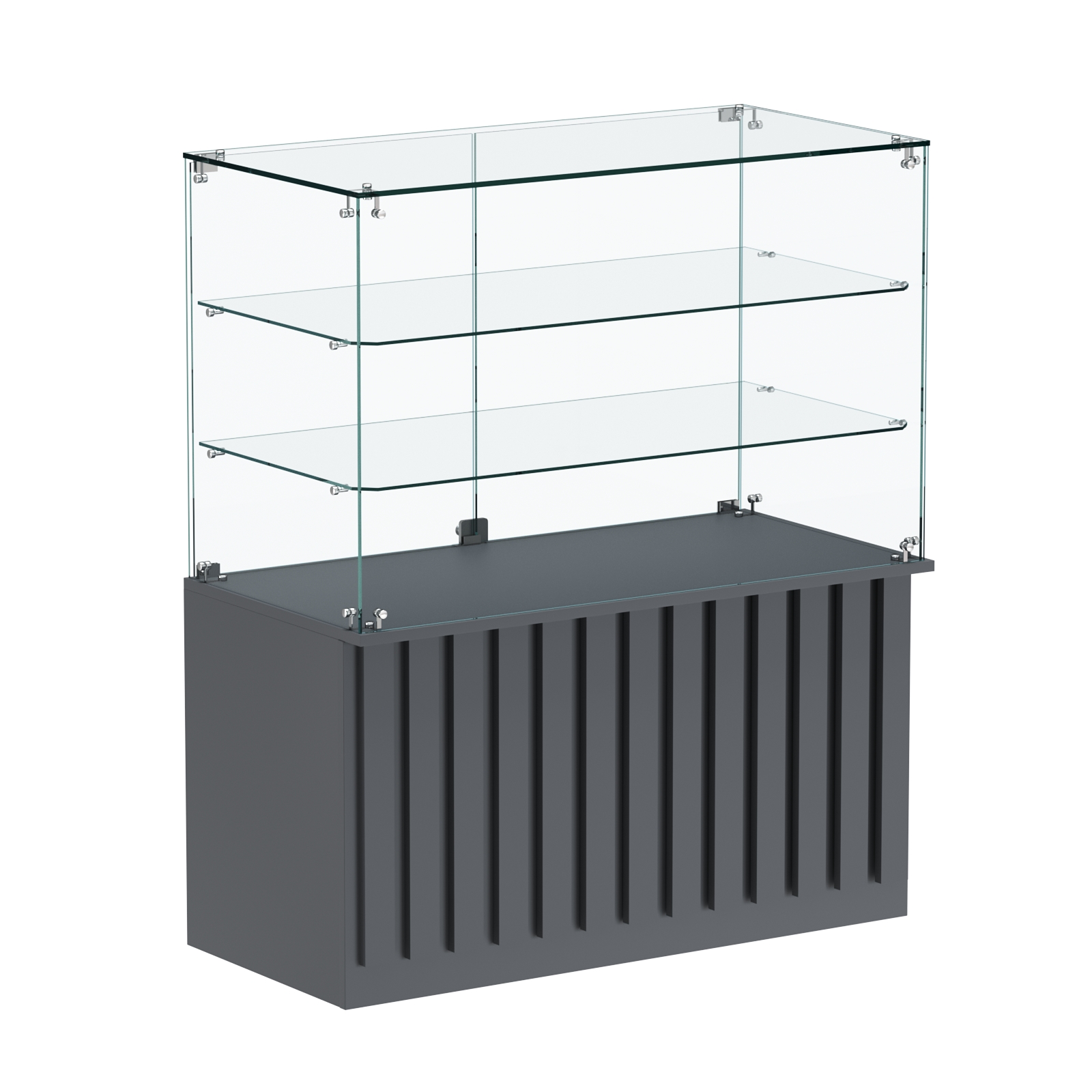 Торговый прилавок прямоугольный с планками и двумя стеклянными полками серии ПРИЛИВ №32 Темно-Серый