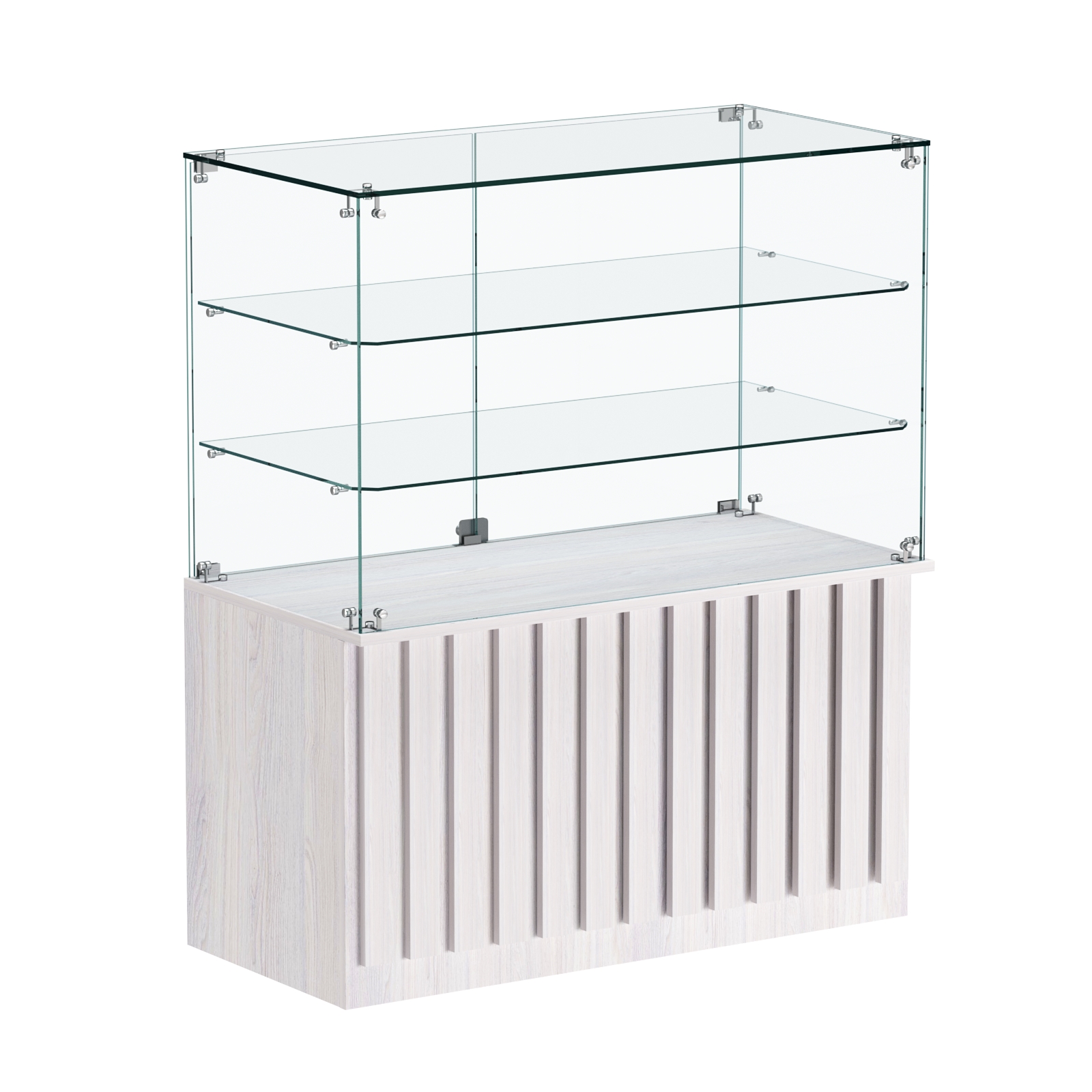 Торговый прилавок прямоугольный с планками и двумя стеклянными полками серии ПРИЛИВ №32 Ясень Анкор светлый