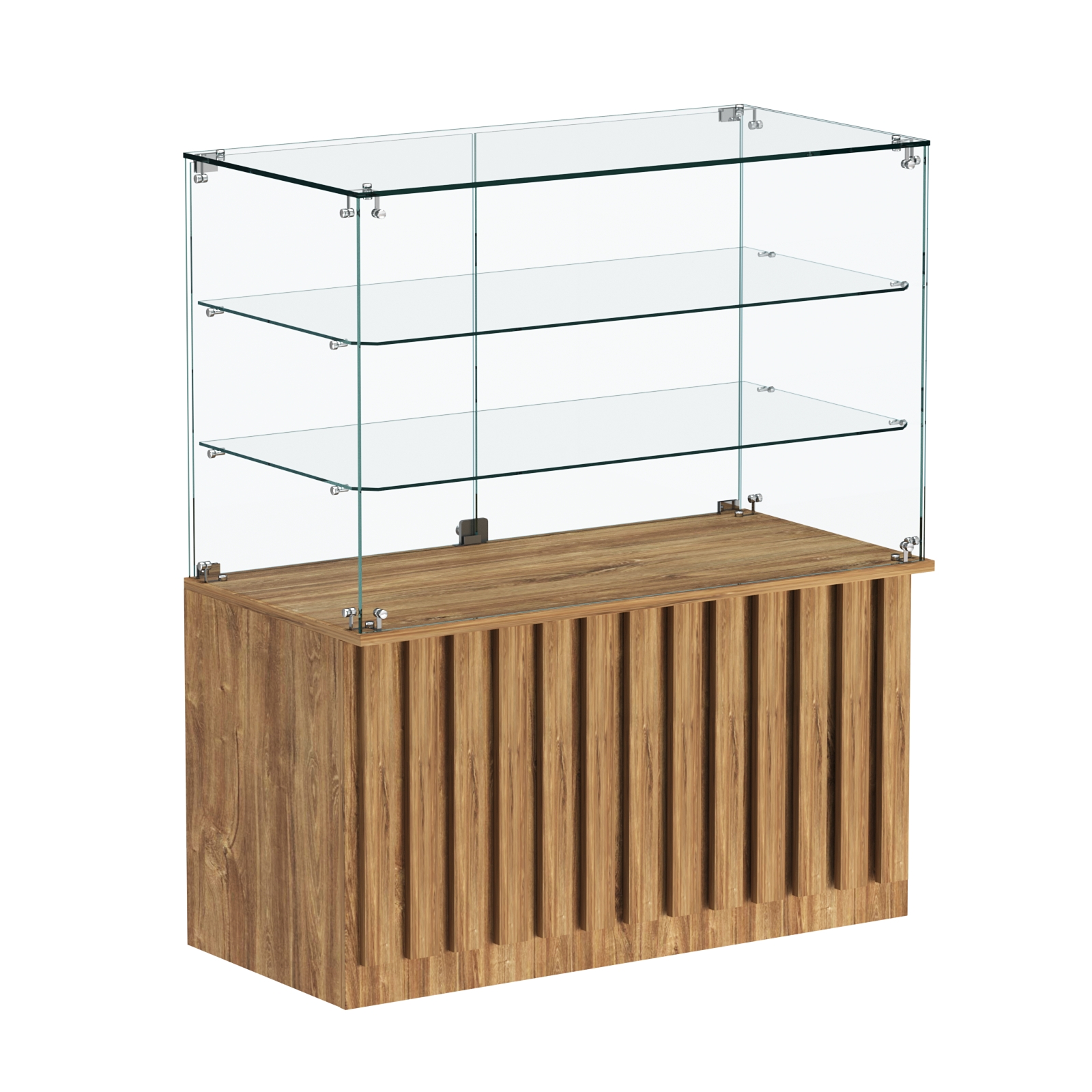 Торговый прилавок прямоугольный с планками и двумя стеклянными полками серии ПРИЛИВ №32 Дуб Канзас коричневый