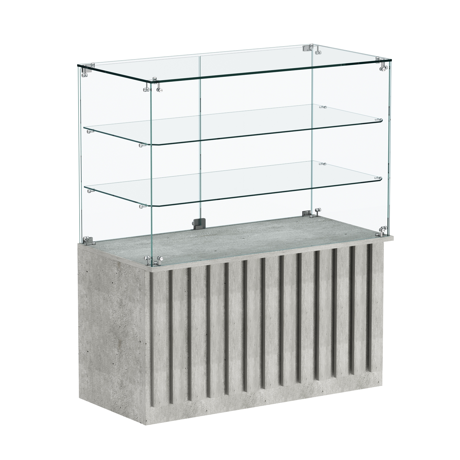 Торговый прилавок прямоугольный с планками и двумя стеклянными полками серии ПРИЛИВ №32 Метрополитан Грей