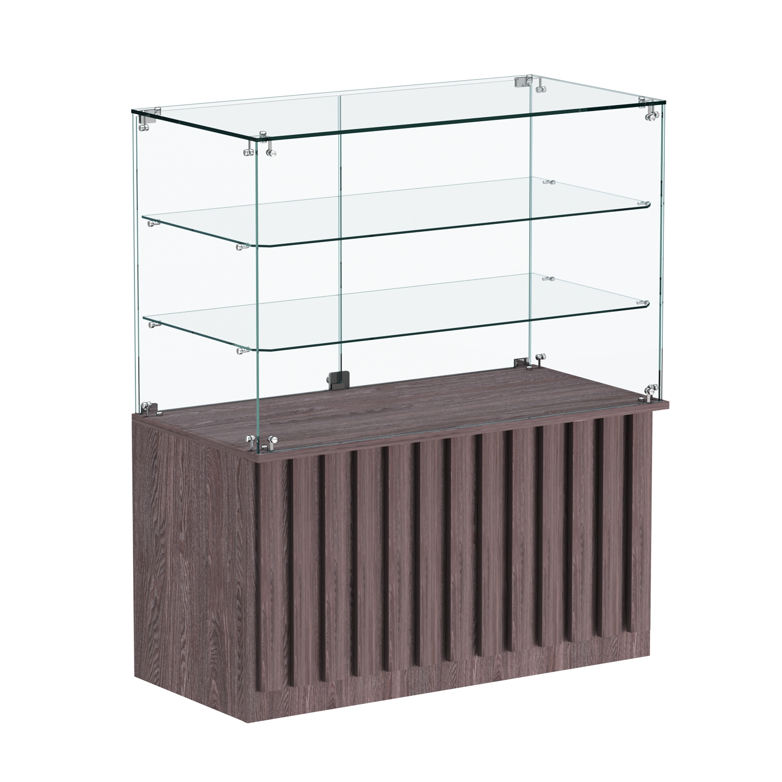 Торговый прилавок прямоугольный с планками и двумя стеклянными полками серии ПРИЛИВ №32 Ясень Анкор темный