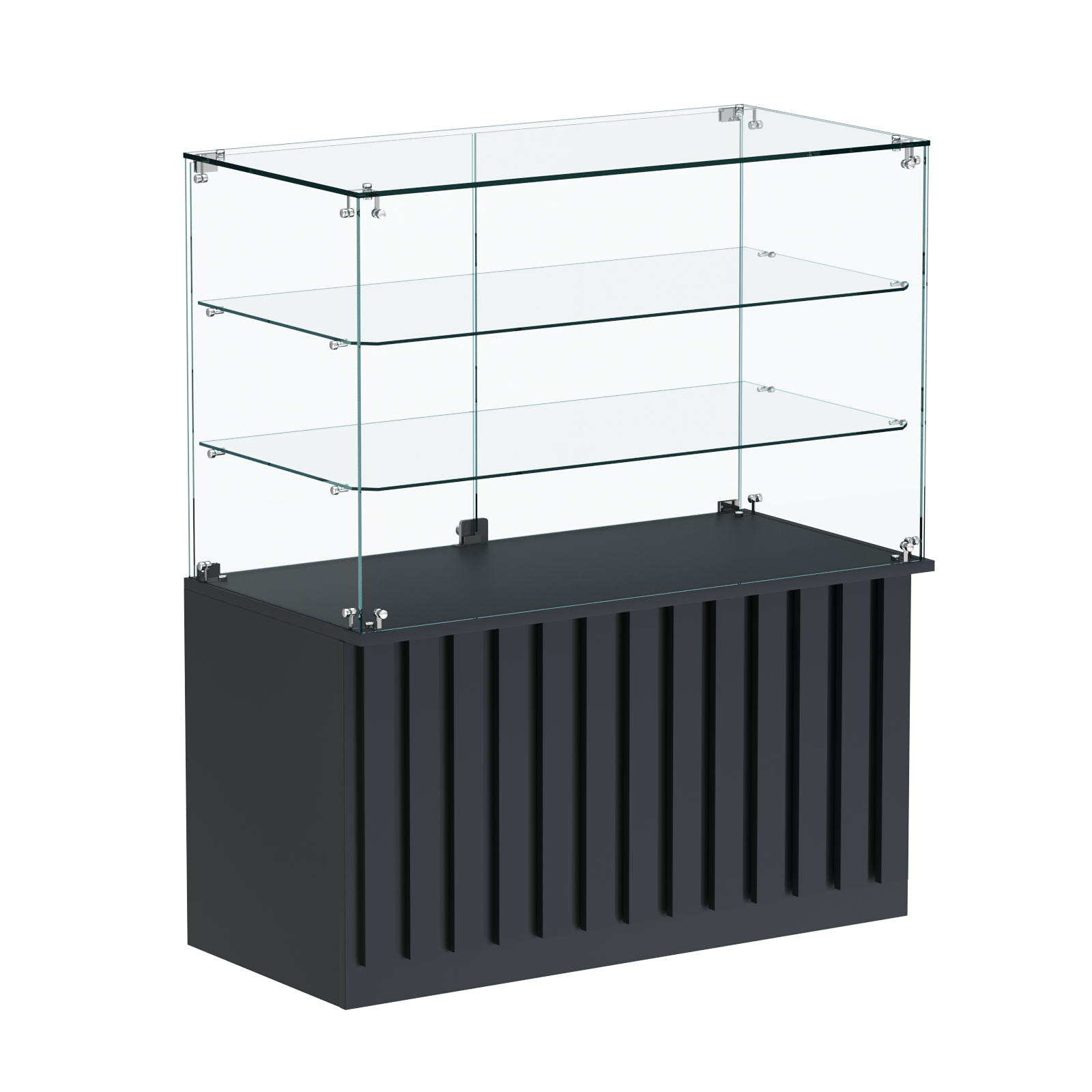 Торговый прилавок прямоугольный с планками и двумя стеклянными полками серии ПРИЛИВ №32 Антрацит