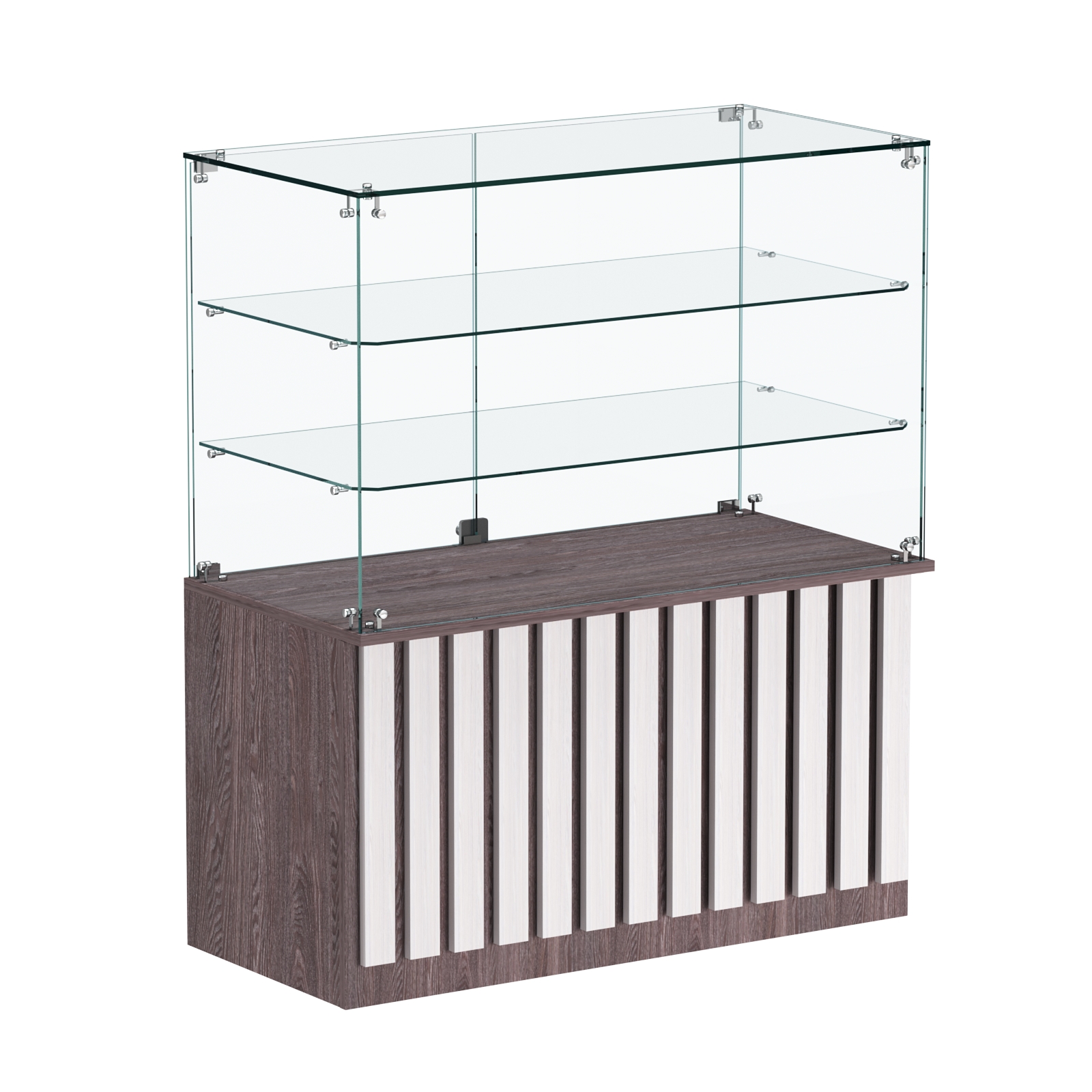 Торговый прилавок прямоугольный с планками и двумя стеклянными полками серии ПРИЛИВ №32 Ясень Анкор темный + Ясень Анкор светлый