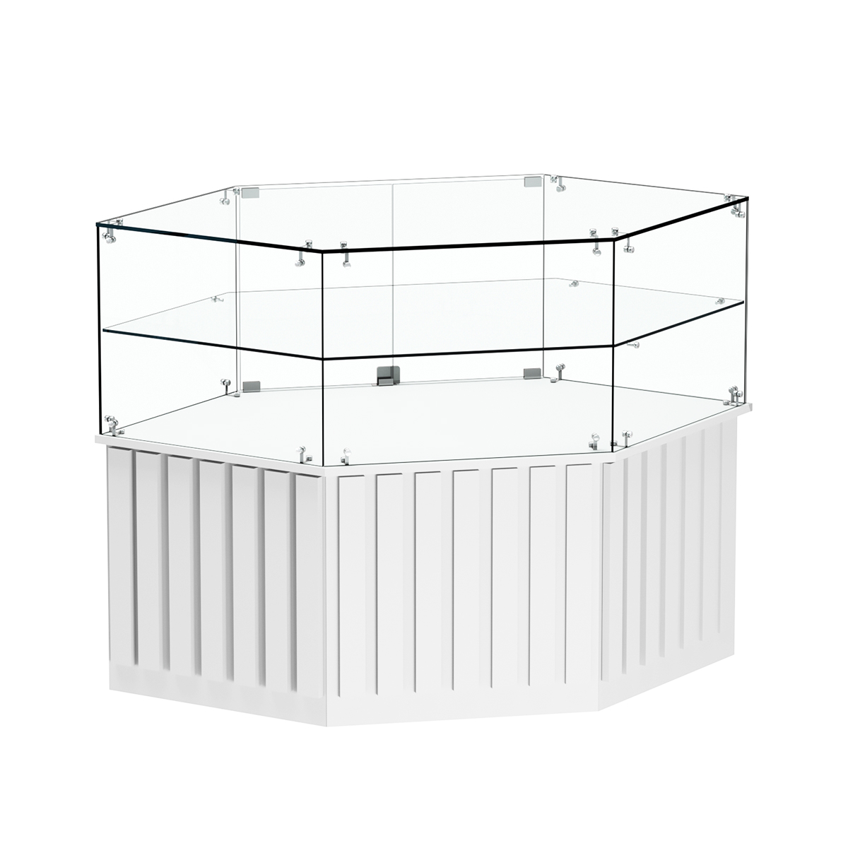 Торговый прилавок низкий шестигранный с планками и одной полкой серии ПРИЛИВ №36 Белый