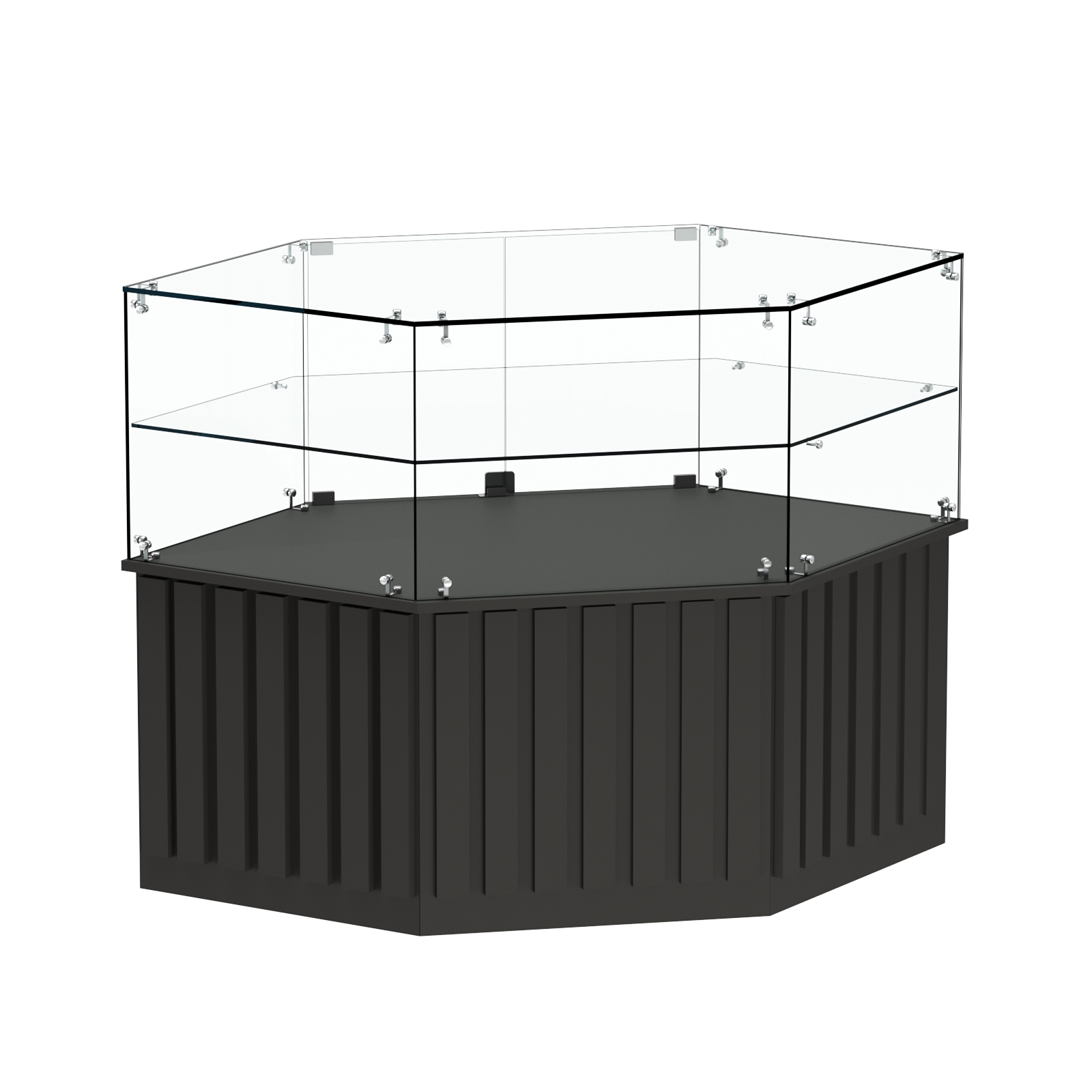 Торговый прилавок низкий шестигранный с планками и одной полкой серии ПРИЛИВ №36 Черный