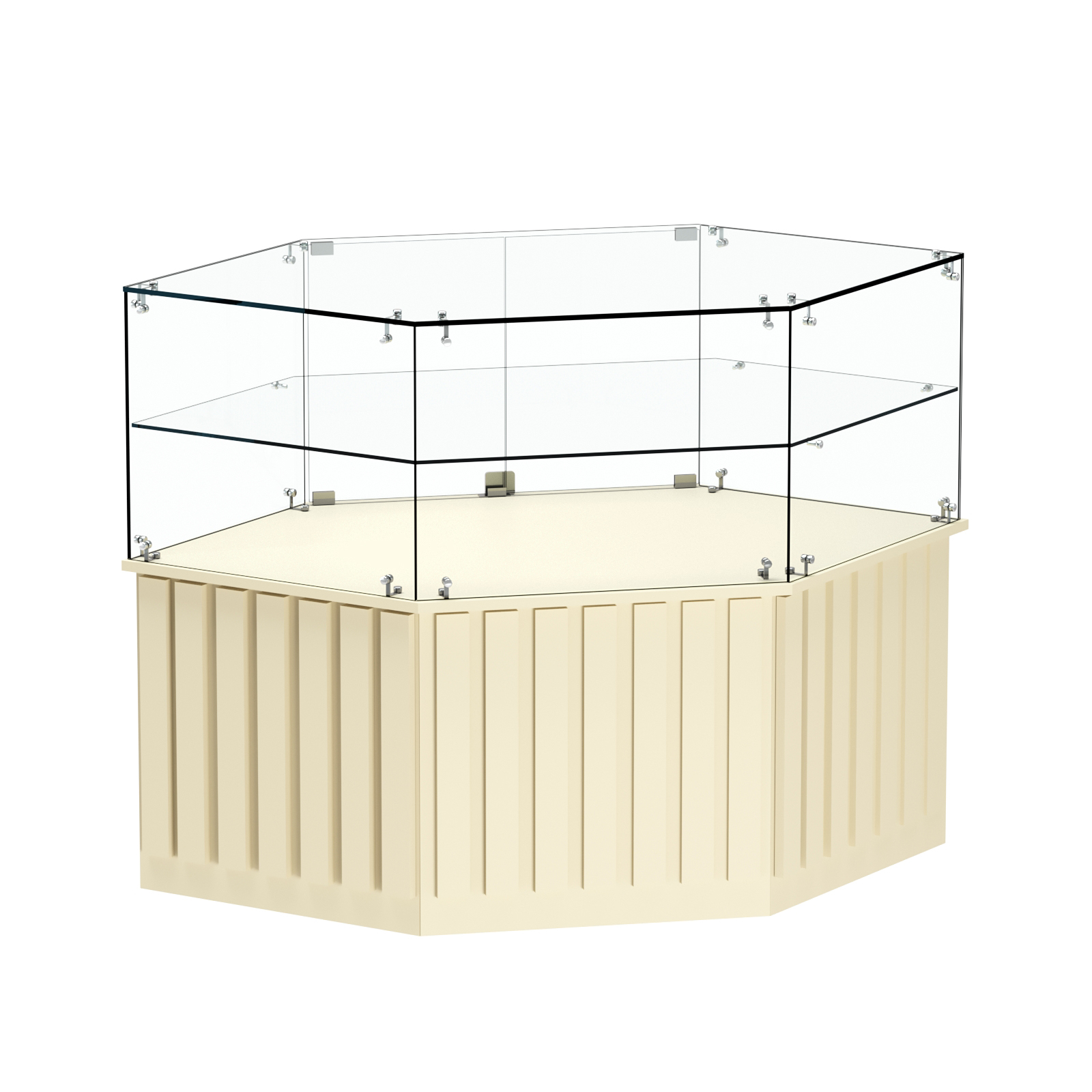 Торговый прилавок низкий шестигранный с планками и одной полкой серии ПРИЛИВ №36 Крем Вайс