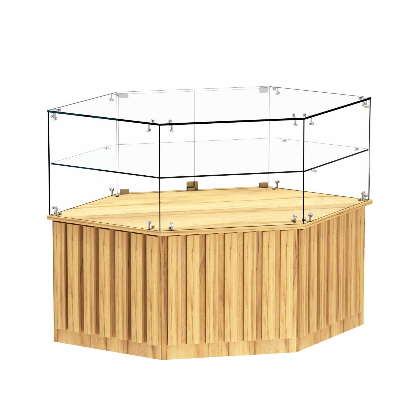 Торговый прилавок низкий шестигранный с планками и одной полкой серии ПРИЛИВ №36 Дуб Золотистый