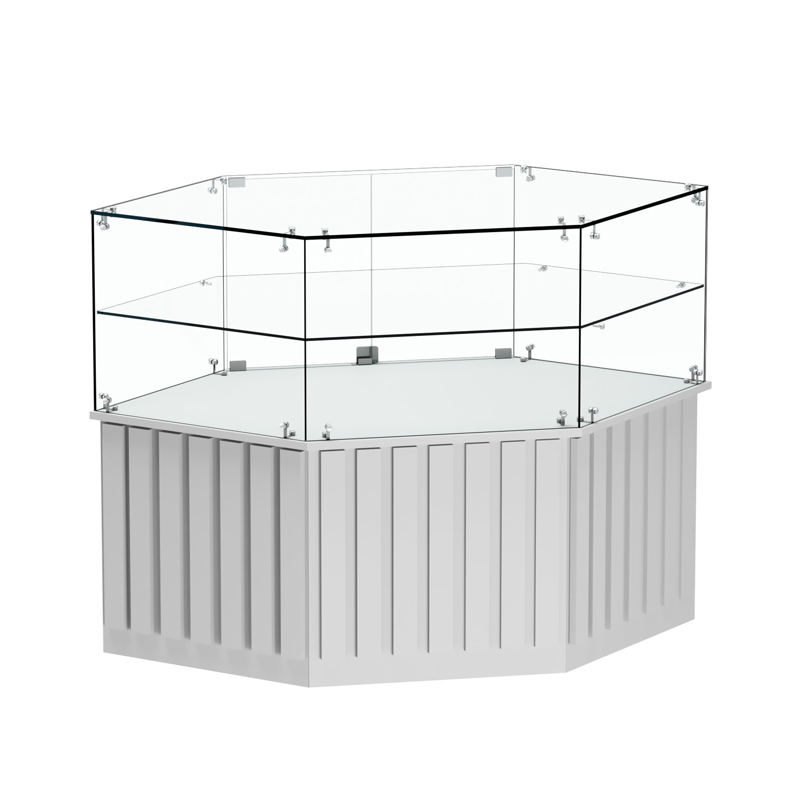 Торговый прилавок низкий шестигранный с планками и одной полкой серии ПРИЛИВ №36 Серый