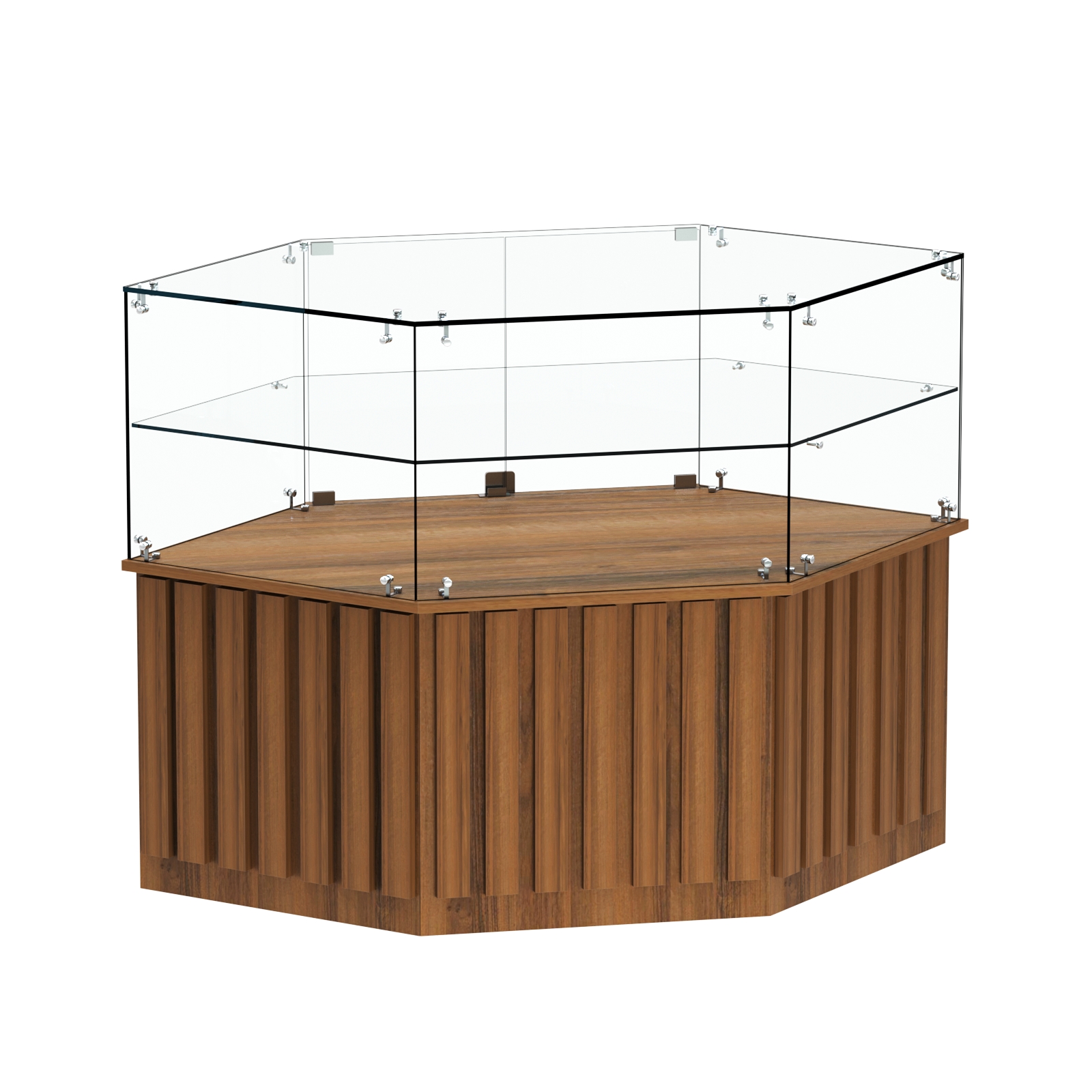 Торговый прилавок низкий шестигранный с планками и одной полкой серии ПРИЛИВ №36 Орех