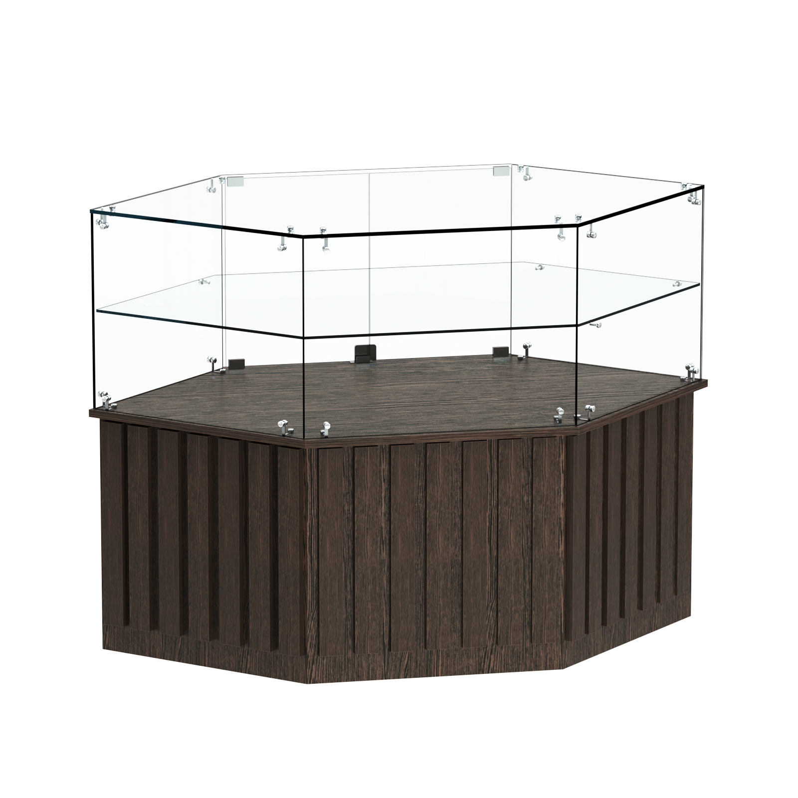 Торговый прилавок низкий шестигранный с планками и одной полкой серии ПРИЛИВ №36 Дуб Венге