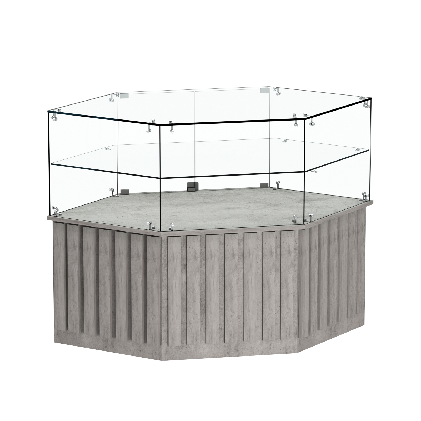 Торговый прилавок низкий шестигранный с планками и одной полкой серии ПРИЛИВ №36 Бетон Чикаго светло-серый F186 ST9